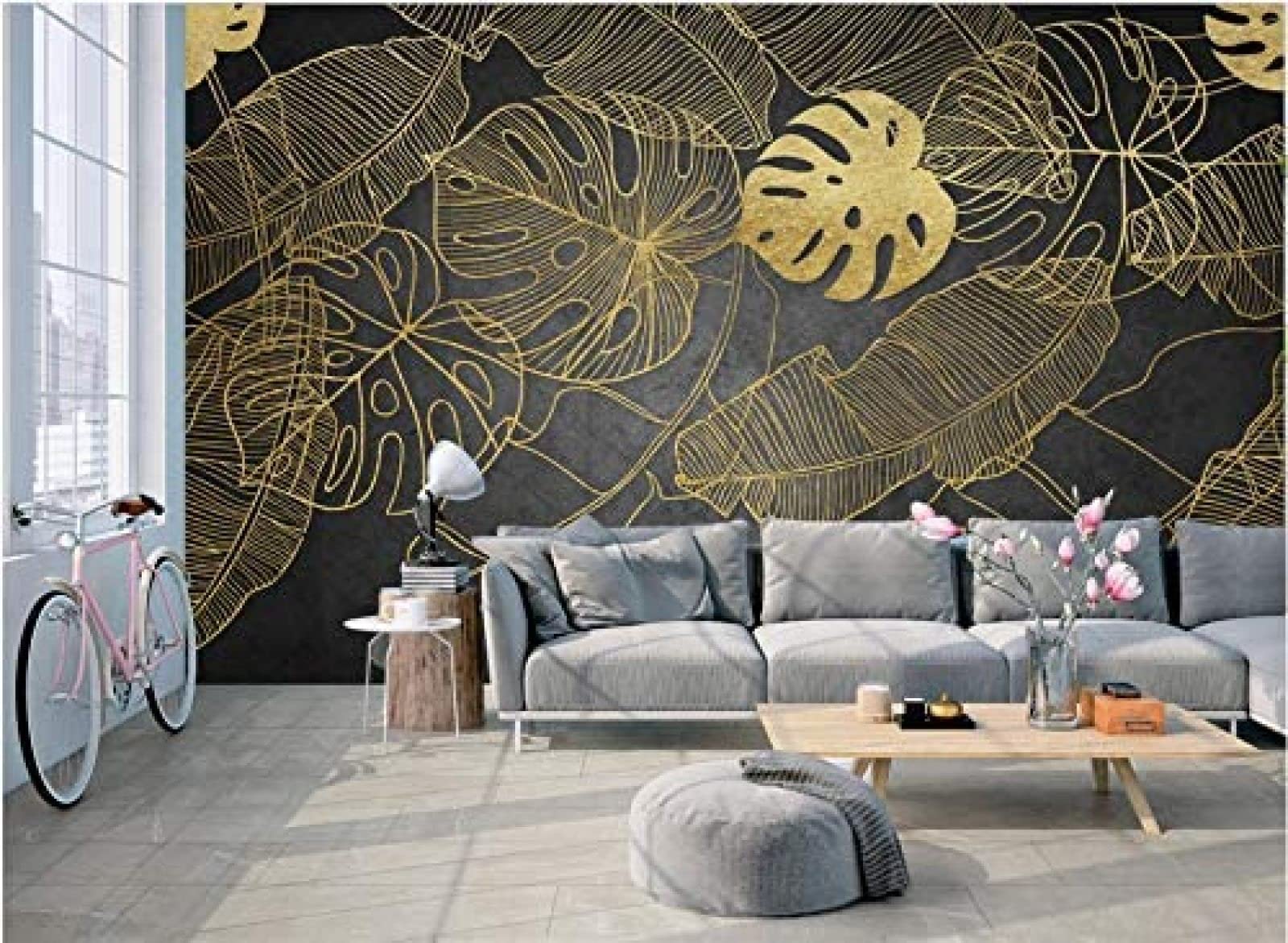 Papier peint panoramique feuille d'or pour masquer mur abîmé salon tapisserie 3D