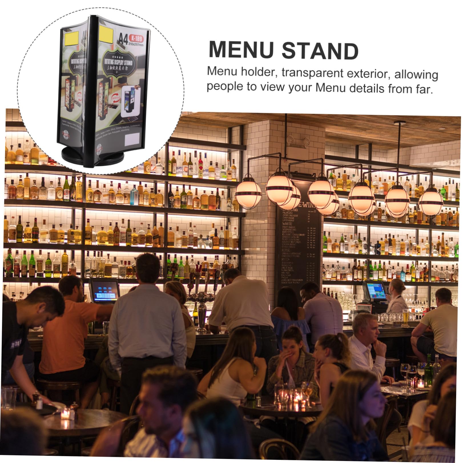 Porta Menú de Tres Caras de Acrílico Negro con Soporte Giratorio Fácil de Usar con Exhibición Vertical para Restaurantes y Bodas