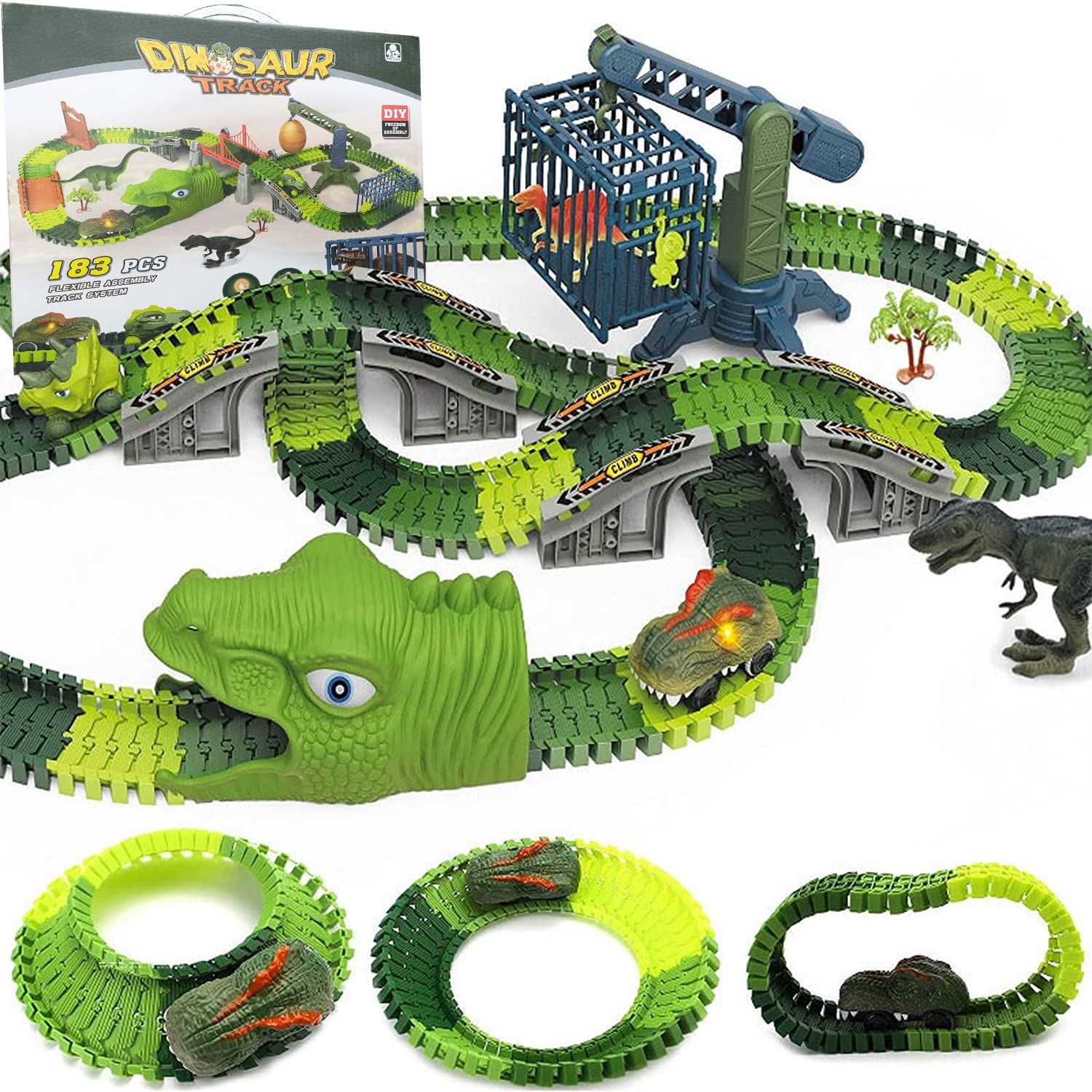 Kidology Dinosaur Race Tracks for Kids | Dinosaur World Road Race Car Track with Flexible Train Track Playset Gift for Birthday | Educational Learning Railway Track Car for Kids Boys Girls (183Pcs)-image-40