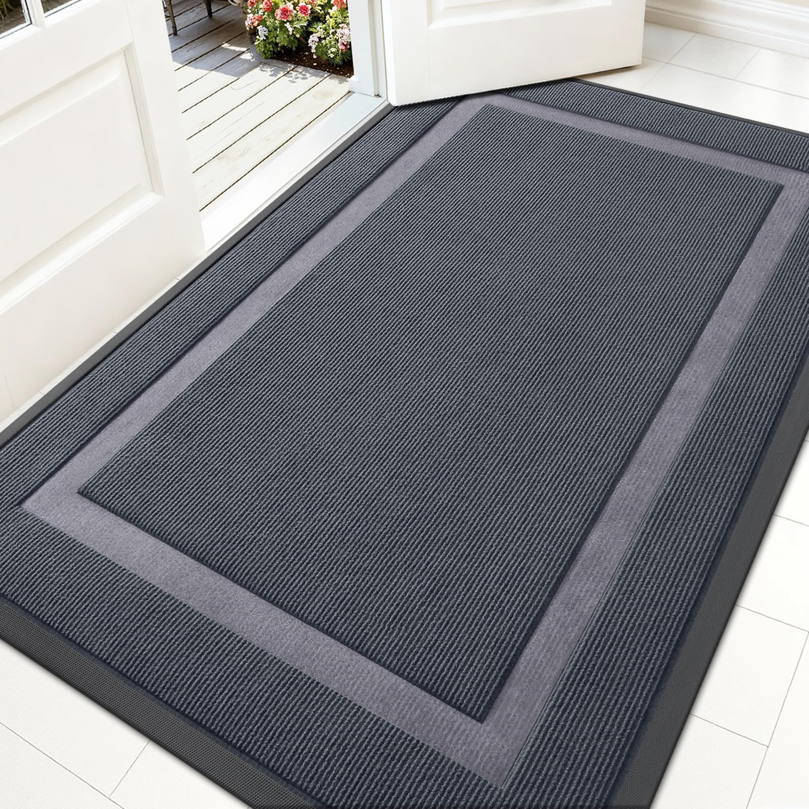 OLANLY Front Door Mat Outside 59x34, All-Season Heavy-Duty Rubber Doormat | Light Grey, Absorbent, Stain Fade Resistant, Waterproof Non-Slip Backing, Low-Profile Indoor Outdoor Floor Mat for Entryway