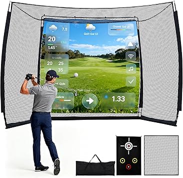 10FT Golf Practice Net with Ball Return, Sound Dampening Indoor Outdoor Golf Driving Net for Garage Backyard, with HD Simulator Screen and Silencer Target Cloth