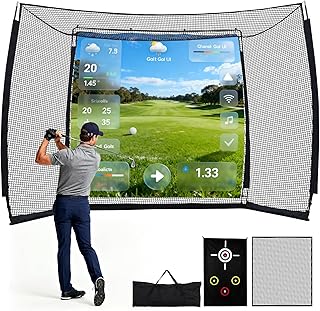 Golf Practice Hitting Net with HD Simulator Screen and Target Cloth, 10x8 FT Golf Driving Net for Indoor, Outdoor, Backyard and Garage, Golf Range Cage with Impact Resistance and Ball Return