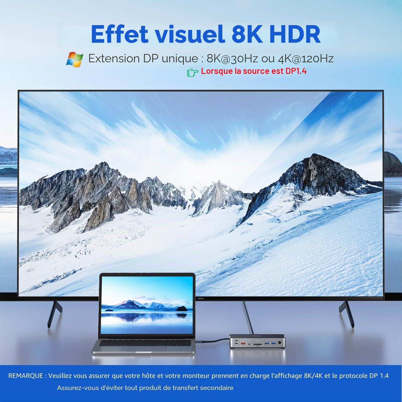Station d'accueil USB C avec bloc d'alimentation 65 W - Double écran - Station d'accueil pour ordinateur portable - Triple écran avec 2 HDMI, DisplayPort Dock 10 Gbps USB 3.1 A/C, USB3.0, USB2.0, RJ45