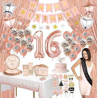 Rose Gold Sweet 16 Birthday Decorations With Photo Booth Backdrop and Props Sweet 16th Birthday Party Supplies Happy Birthday Banner, Confetti & Mylar Balloons, Curtains, Sash, Cake Topper, Tablecloth