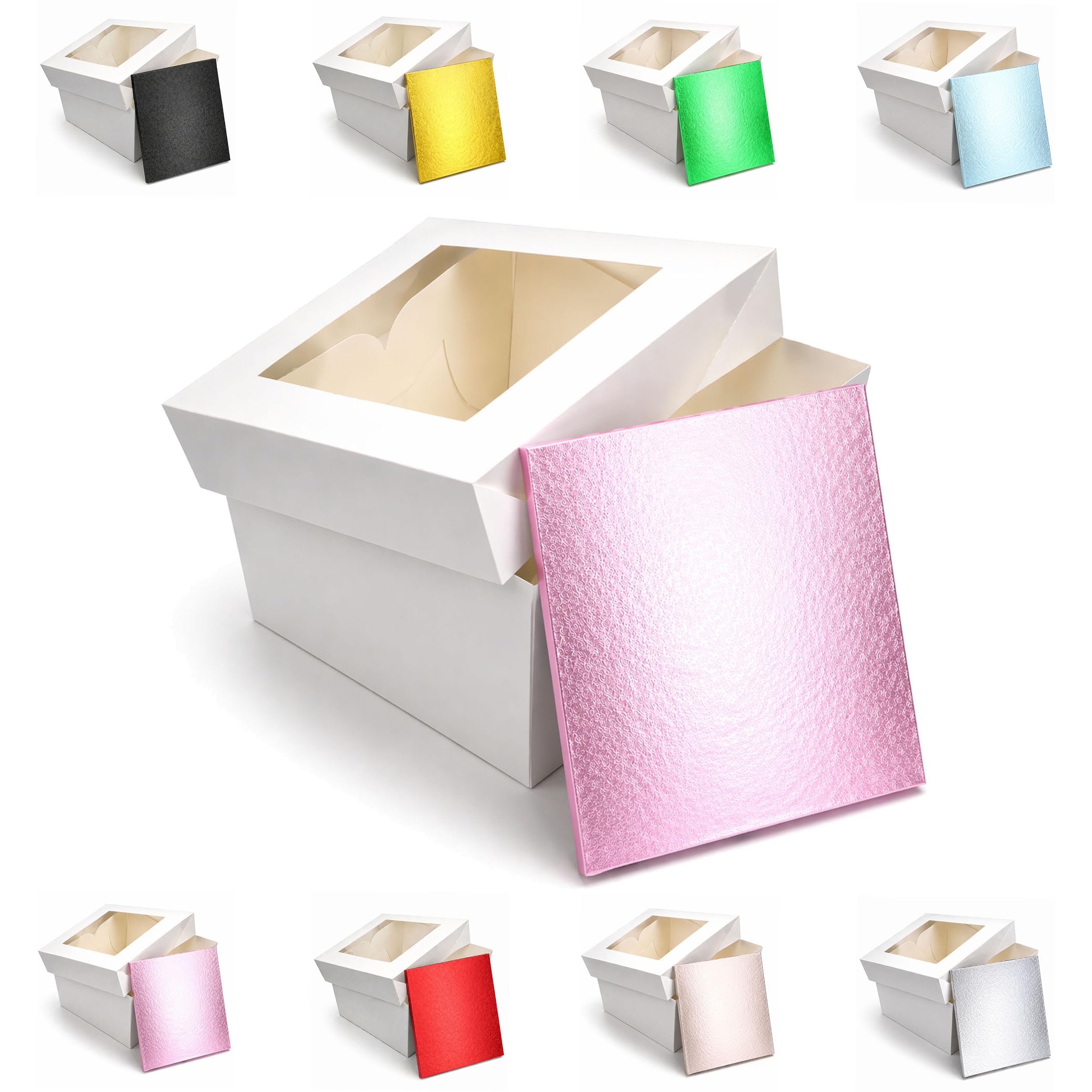 LARRYROO Square Colour Cake Drum Board & White Box with Clear Display Window + Lid Combo Pack for Wedding, Birthday Cakes (Light Pink, 12 Inch)