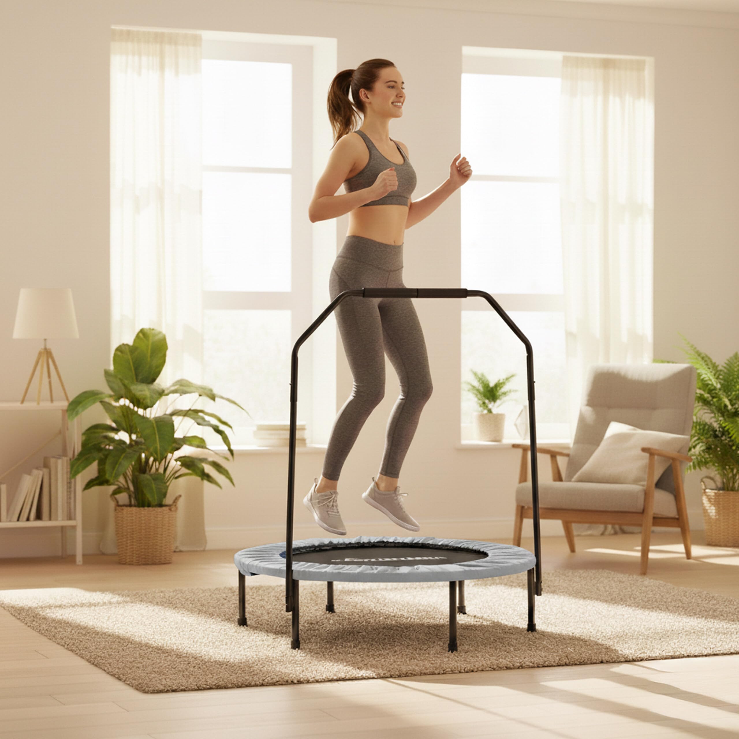Relaxdays Minitrampolino con barra di sostegno Ø102 cm, pieghevole, fino a 120 kg, fitness indoor, colori vari