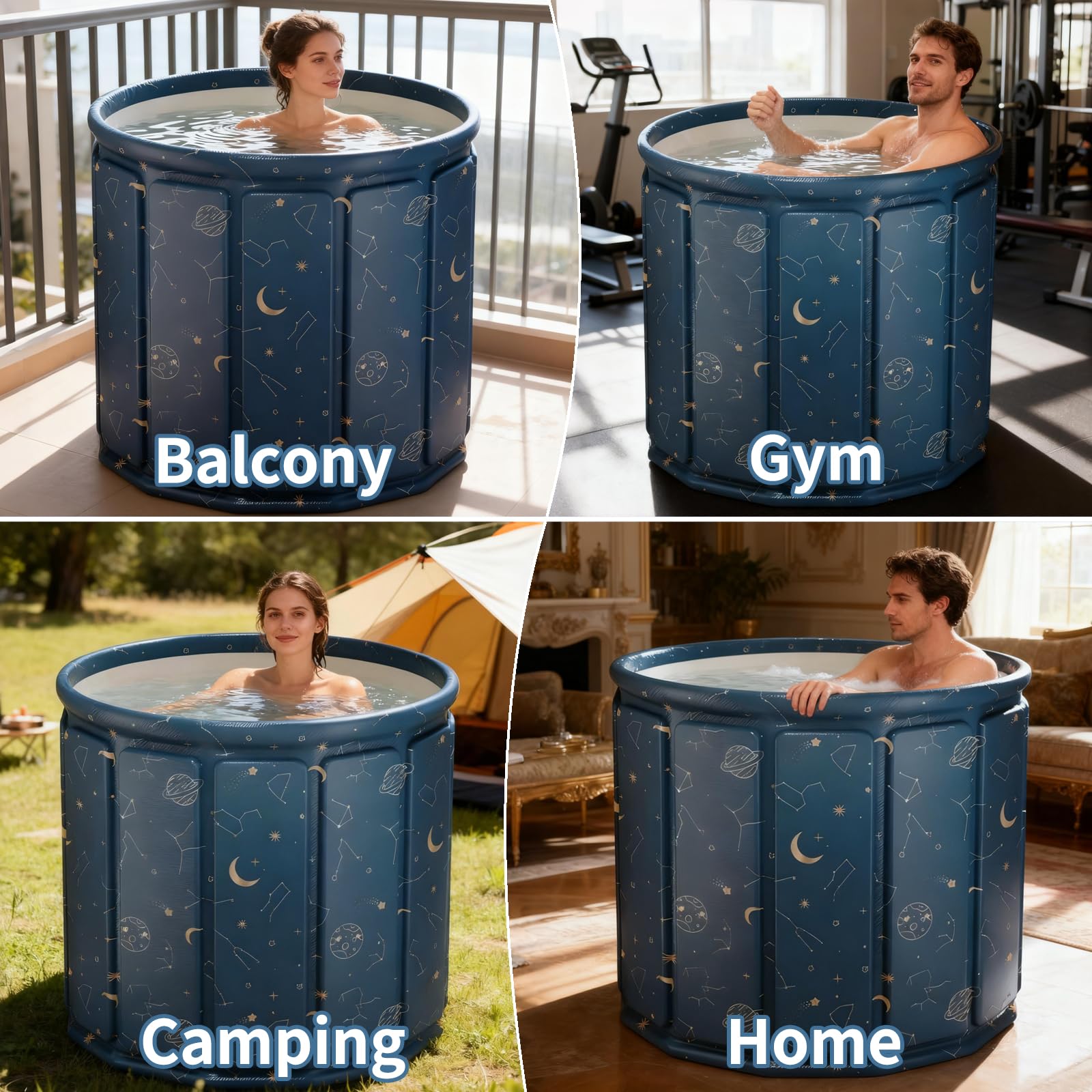 XUDREZ Faltbare Badewanne Blue Planet 80cm, 6-Lagen Thermo-Isolierung 3H Temperaturhaltung, 325L Eisbadewanne & Heißbad für Erwachsene, Tragbare Tauchwanne für Balkon Gym Camping Home