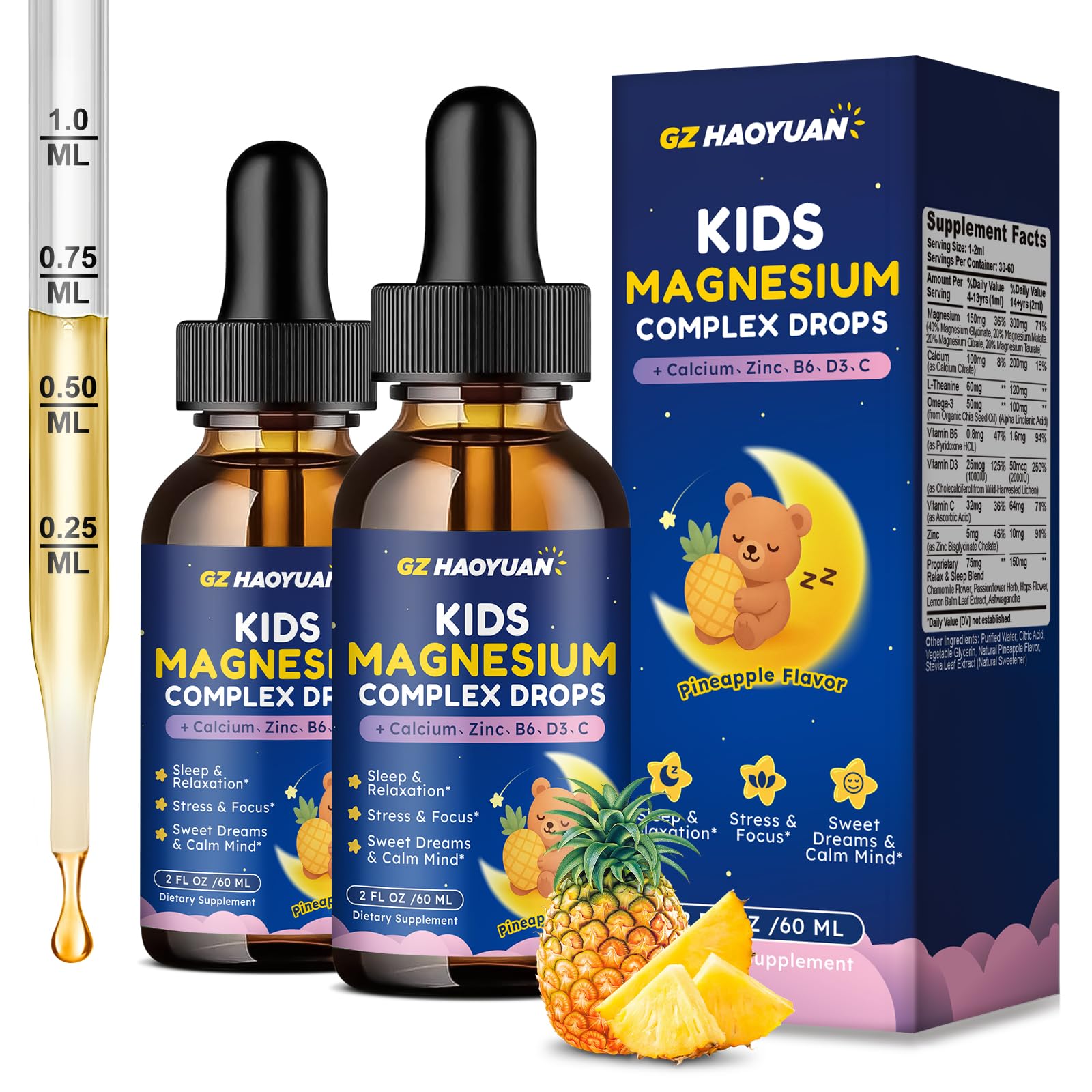 Magnesium Complex Liquid for Kids - Magnesium Glycinate, Malate, Taurate, Citrate with Calcium, Omega-3, L-theanine, Zinc,Vitamin B6 D3 C for Sleep, Relaxation, Calm & Focus, Pineapple Flavor, 4 Fl Oz Pineapple 2 Fl Oz (Pack of 2)