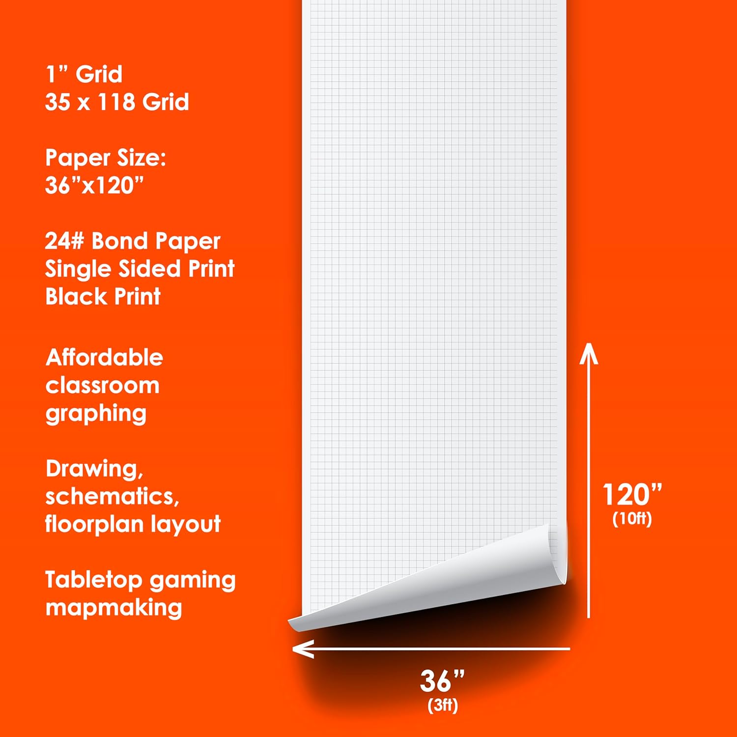 Geyer Instructional Products - 36" x 120" Large Graph Paper Roll, 1" Black Grid, Ideal for School Classroom Graphing, Designing Blueprints and Floorplans, Tabletop Gaming and Custom Mapping