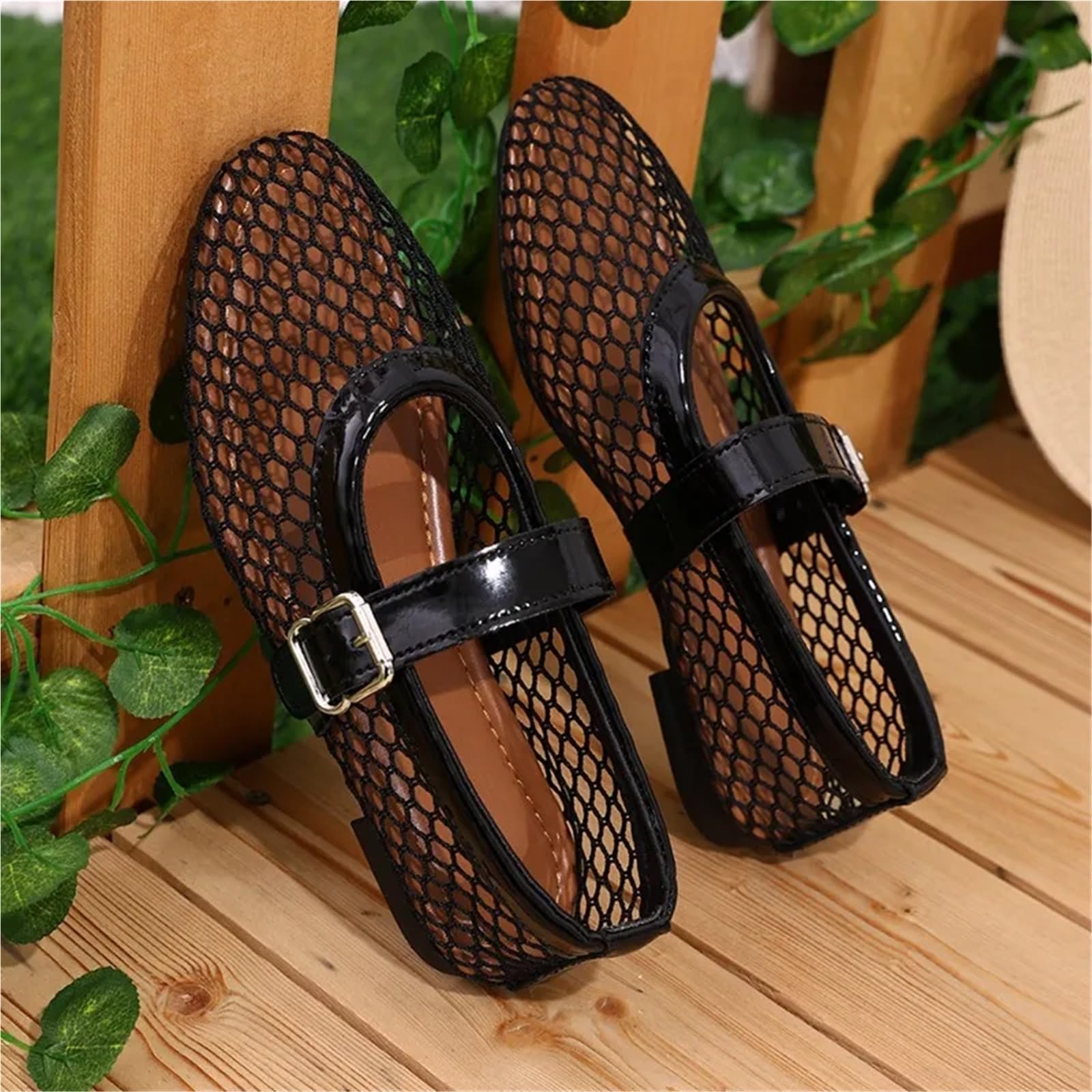 Damen Sandalen Mesh Ballerinas for Schnallenriemen Bequeme Casual Office Fishnet Ballerina Flache Schuhe Für Damen
