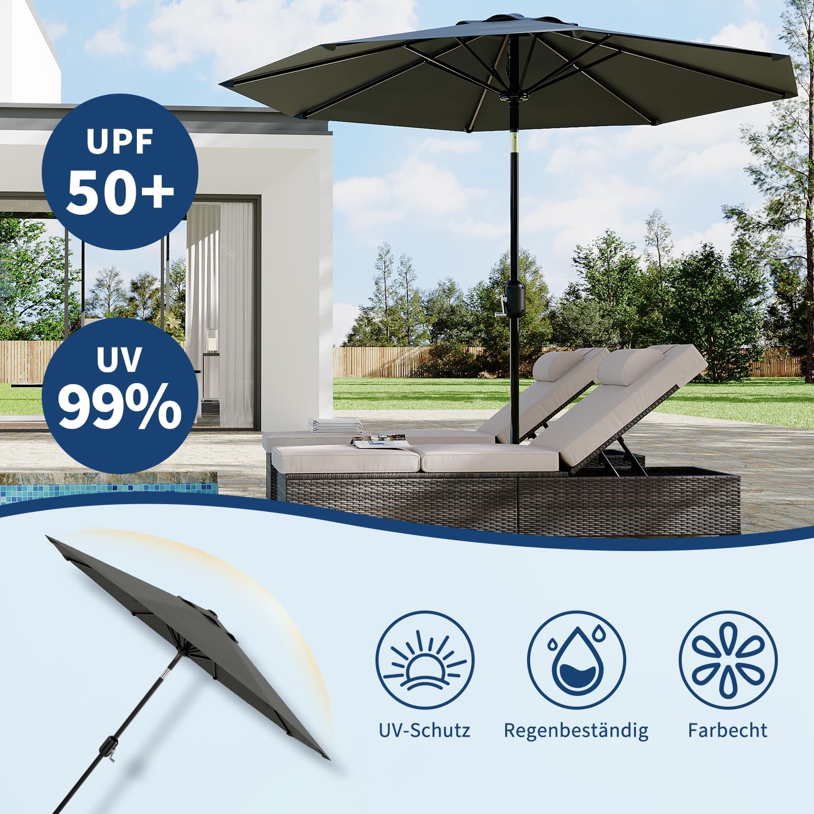 Garvee Parasol De Jardín 270 cm – Protección UV50+, Impermeable, 8 Varillas Robustas, Manivela y Inclinación Regulable – Ideal Para Terraza, Balcón, Piscina y Exterior