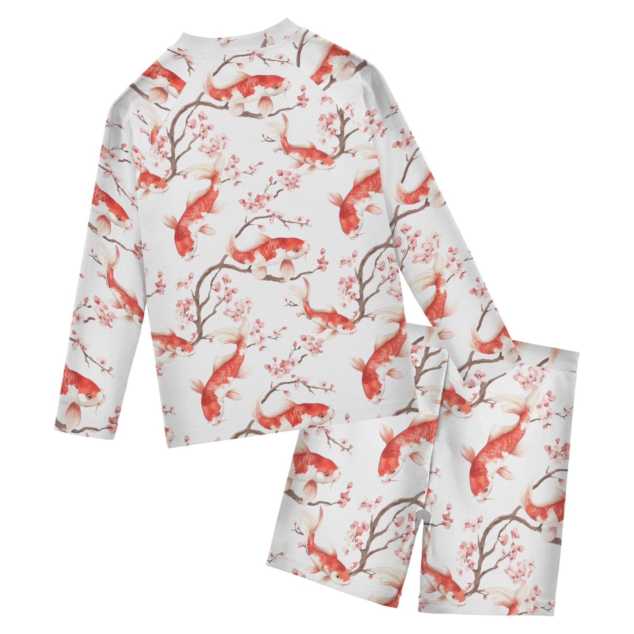 Koi Fish Pink Cherry Blossom Toddler Boys' 2-Piece Swimsuit Trunk, Long Sleeve Rashguard Bathing Suit B0405073