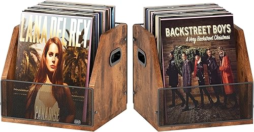 Homeiju Paquete de 2 cajas de almacenamiento de vinilo, cajas de discos, cajas de metal y madera LP