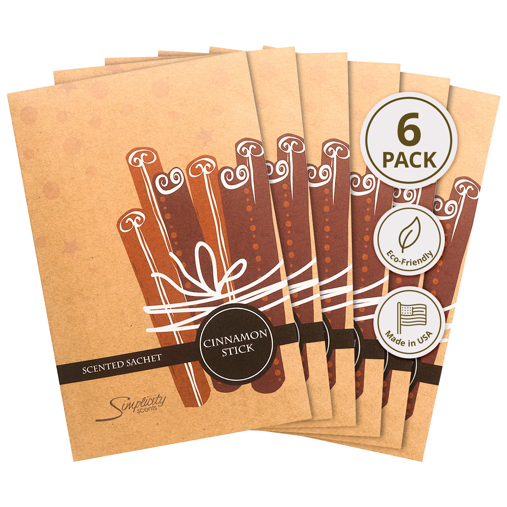 Simplicity Scents Cinnamon Stick Scented Sachets Pack of 6, Fall & Winter - Long-Lasting Scented Bags, Home Fragrance, Air Freshener & Deodorizer for Closet, Room, Drawer, or Cars, Made in The USA