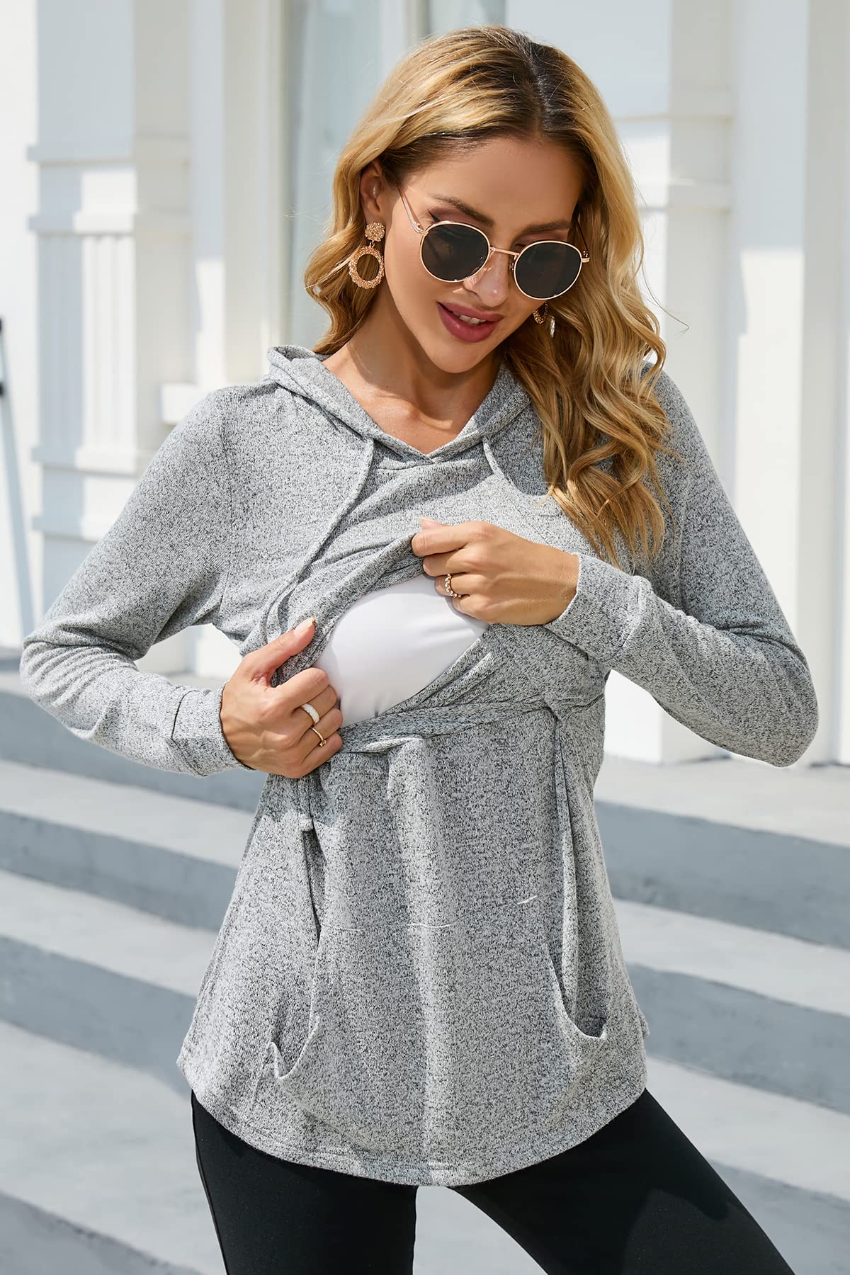 Sosolism T-Shirt à Manches Longues pour Allaitement Sweatshirt d'hiver à Capuche avec Poche Pull de Maternité pour Tire-Lait