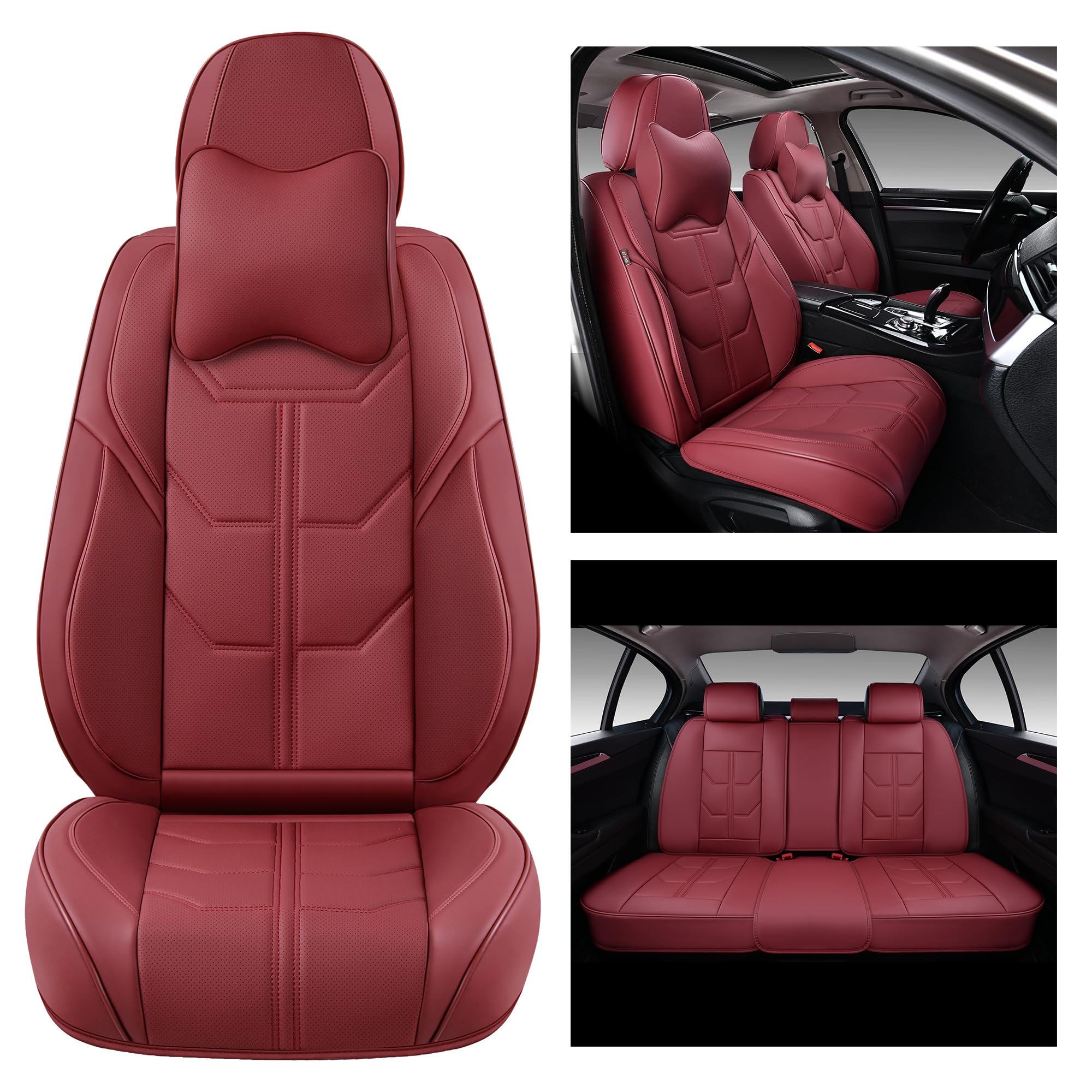 BWTJF Car Seat Covers Full Set, Front and Rear Seat Covers for Cars, Leatherette Auto Seat Protectors with Head Pillow, Car Seat Cushions Fit for Most Sedans SUV Pick-up Truck, WineRed