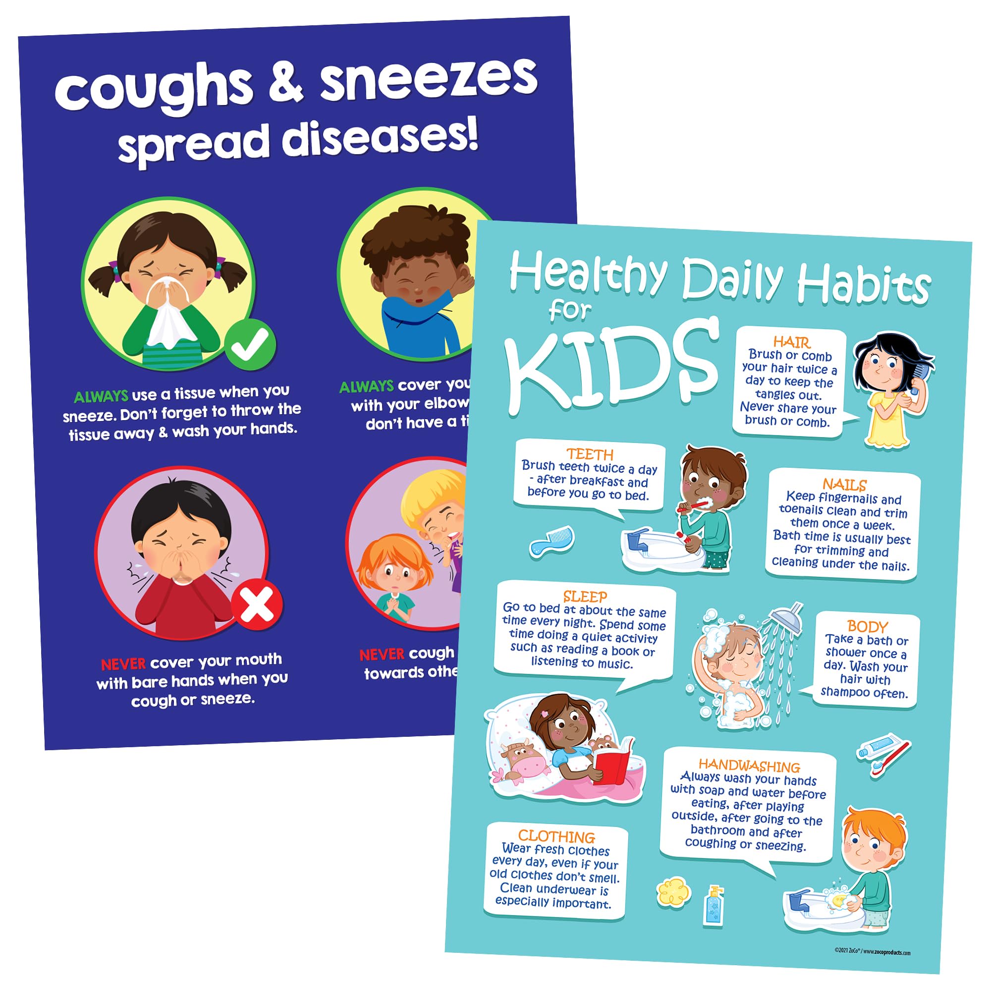 ZOCO 2 Poster Pack -- Kids Healthy Daily Habits (12 x 18) -- Cover Your Cough Sign (17 x 22) -- Hygiene Posters -- School Nurse Decor & Supplies -- LAMINATED