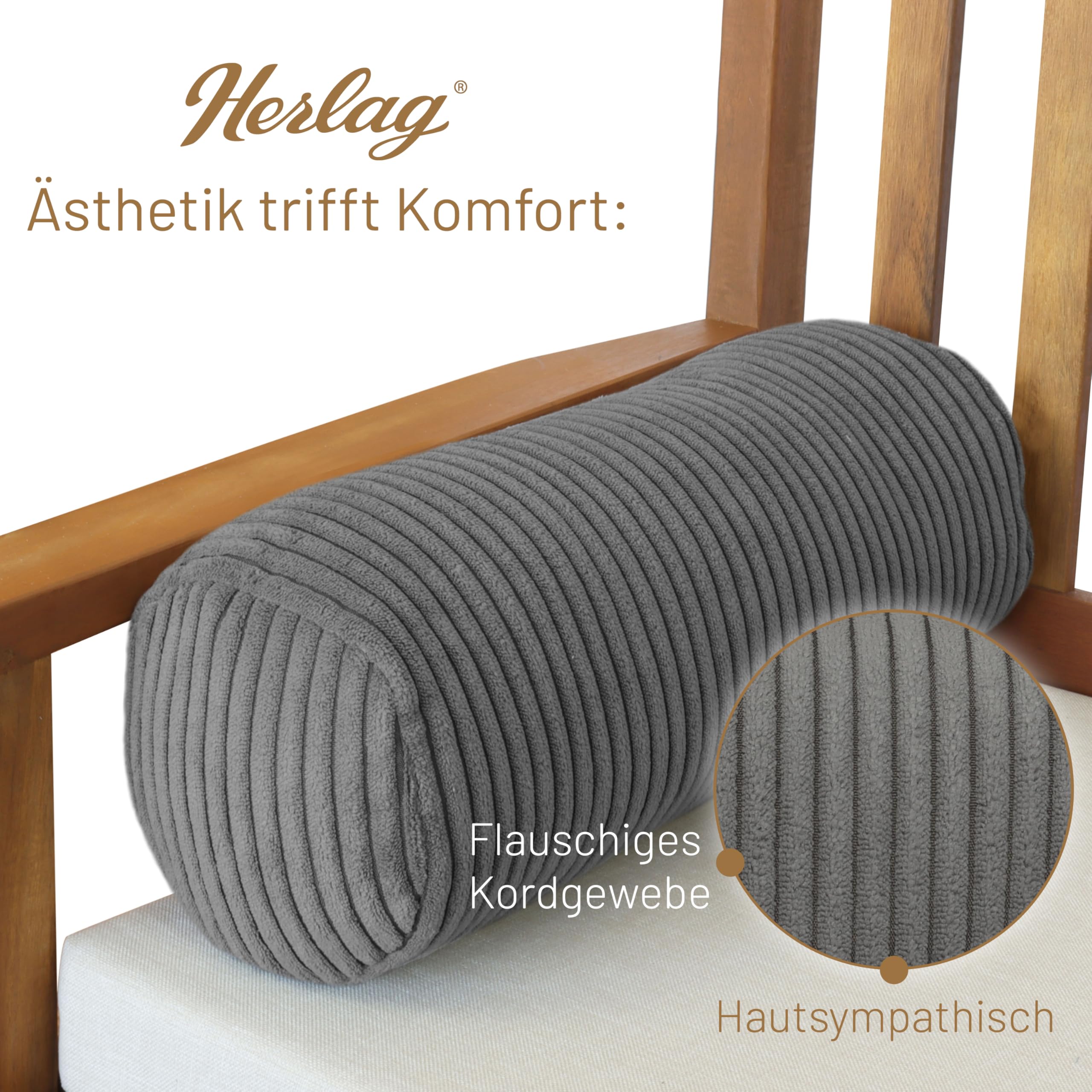 Herlag Kissenrolle Ella Grau 65x20cm - Nackenrolle aus Kord - Seitenschläferkissen - Dekokissenrolle - Öko Tex 100