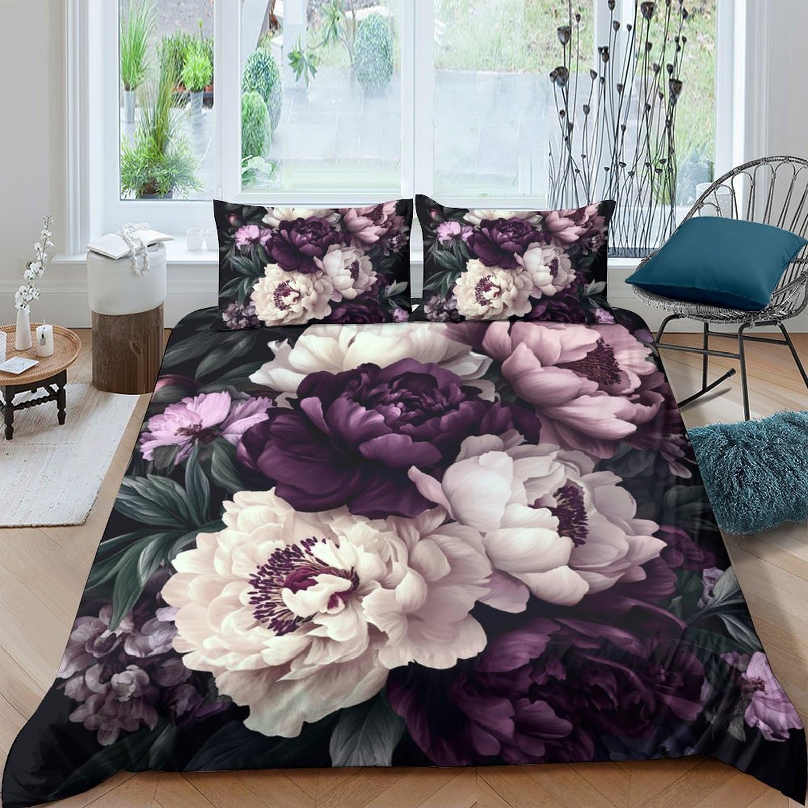 GPLZQXKJNH 3D Printed Peony Blossom Duvet Cover Set Microfiber Soft Floral Rose Quilt Cover with 2 Pillowcases for Bedroom Decor Single（135x200cm）