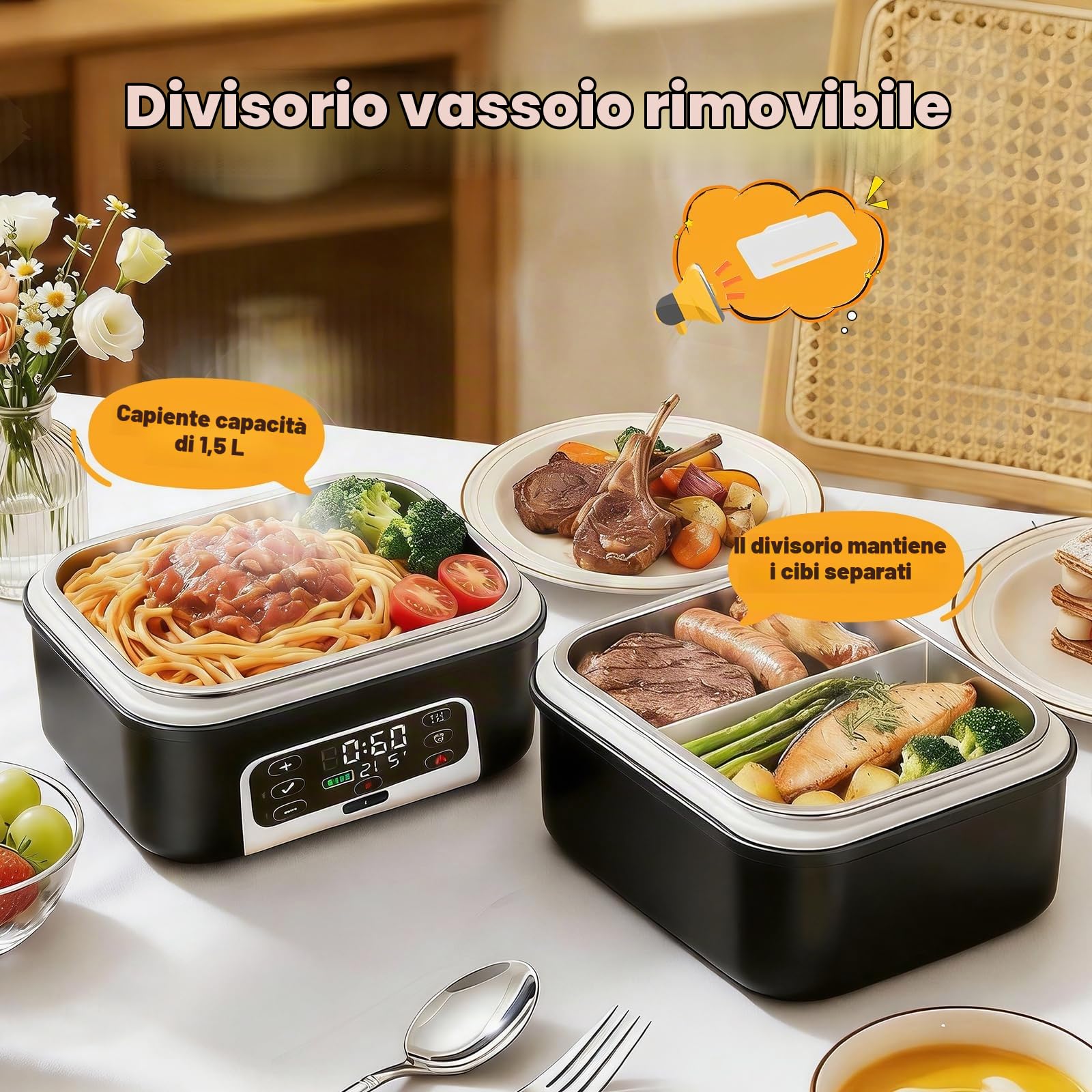 Lunch Box Riscaldato, Lunch Box Riscaldato Intelligente da 1.5L con Touchscreen, Lunch Box Riscaldato Wireless con Piatti in Acciaio Inox e Borsa Termica, Ideale per l'Ufficio/Viaggi/Campeggio