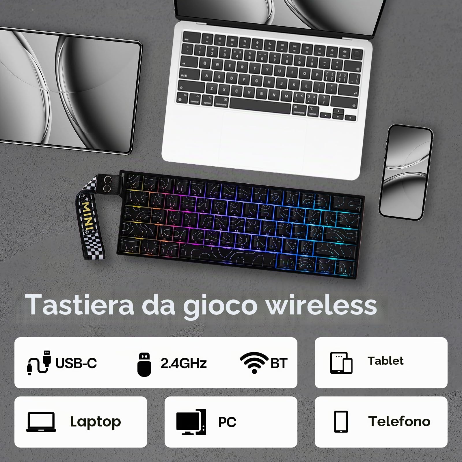 EPOMAKER Aula MINI60 HE Tastiera Wireless da Gioco, 8K Hz Polling, SOCD & DKS, Tastiera con Effetto Hall al 60% con Fast Trigger & Adjustable Actuation, RGB, PBT Keycap, per Win/Mac (Max)