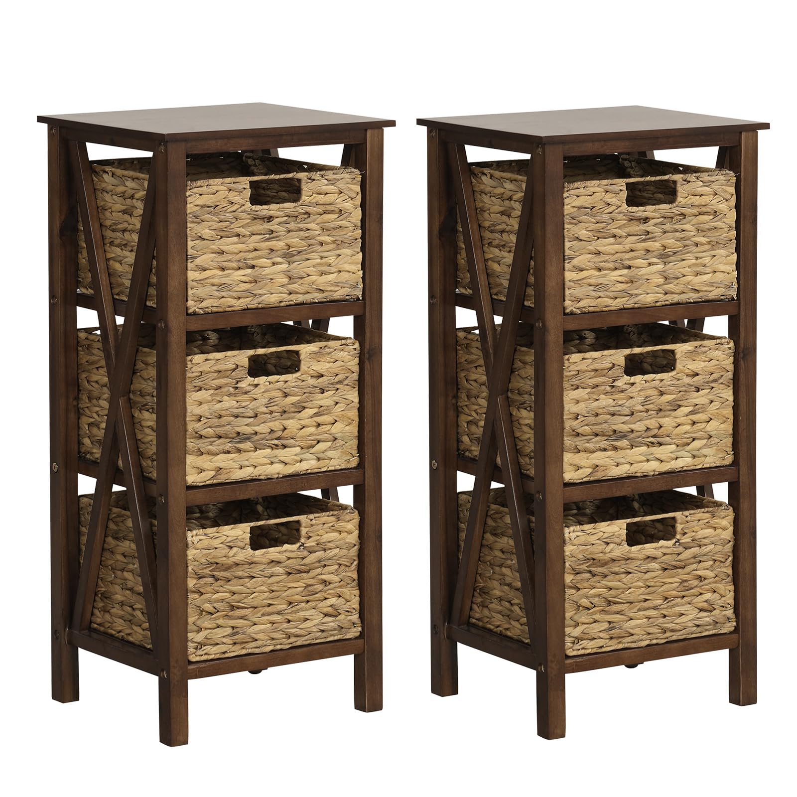 GOFLAME Nightstand Set of 2 with 3 Wicker Storage Baskets, Sofa Side Table with Rubber Wood X-Shaped Frames & Acacia Wood Legs, Bedside Table, End