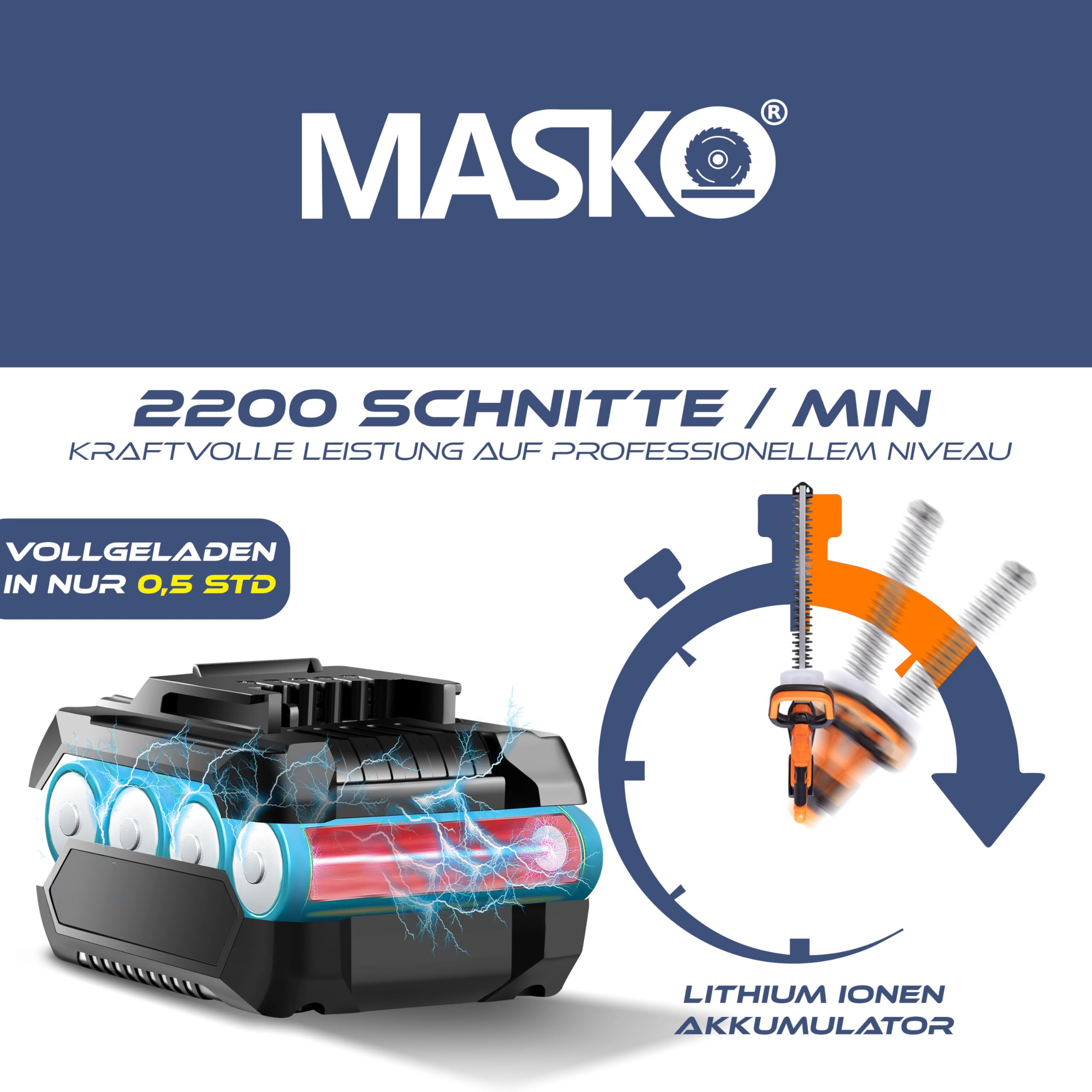 MASKO® Akku Heckenschere Profi Hecken & Strauchschere 57cm Schnittlänge Inkl. Handschuhe, Schutzhülle & 21V Akku 2,0 Ah mit Ladegerät, 27mm Zahnabstand Dual Schnittklingen Verstellbarer Griff Weiß