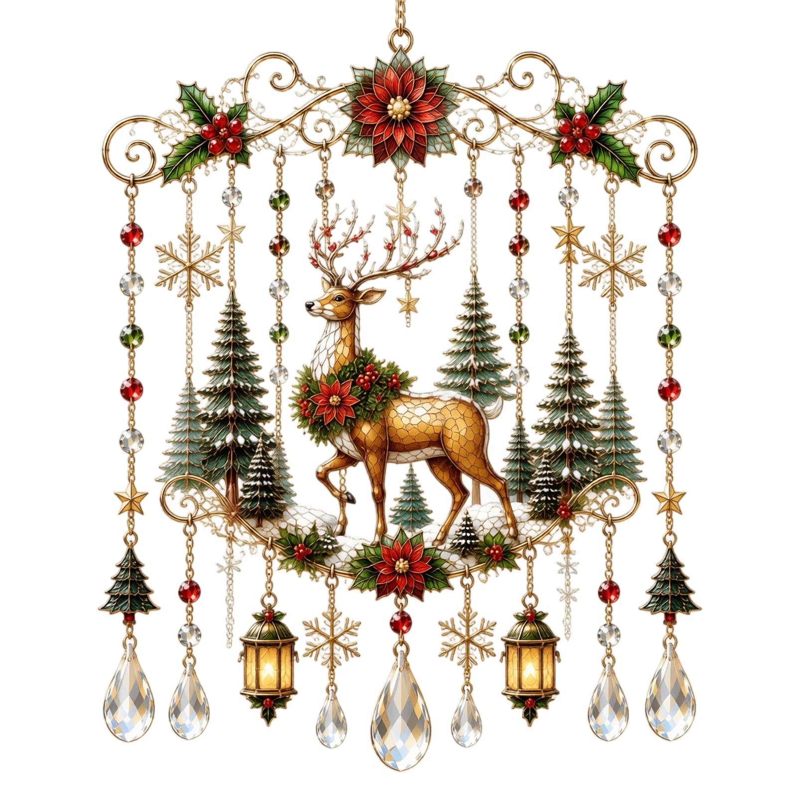 Handmade Christmas Window Hanging, 3D Sparkling Christmas Stained Glass Style Sun Catcher, Santa Reindeer Holiday Wind Chime with Crystal Drops, Festive Holiday Ornament Decor for Home Tree (#F)