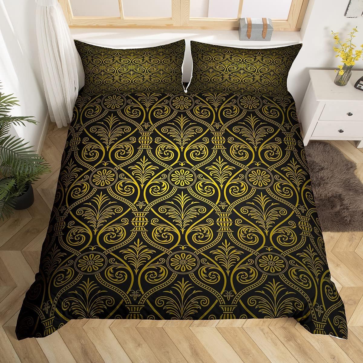 Homewish Vintage Damask Floral Single Size Duvet Cover Sets, Antique Victorian Baroque Bedding Set for Kids Adults, Gold Black Ombre Comforter Cover Royal Classical Floral Bedding & Linen