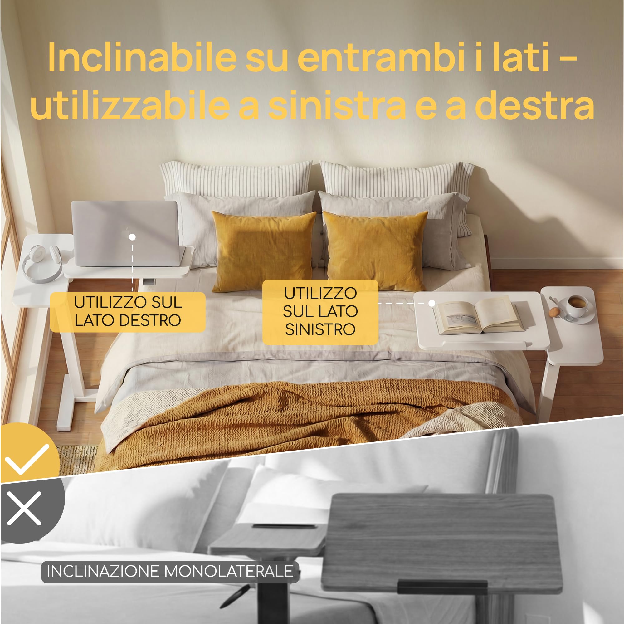 Viviendo Tavolino da Letto con Ruote, Bianco, Regolabile in Altezza 68–108 cm con Pistone a Gas, Tavolo per Laptop con Piano Inclinabile, Tavolino Servitore per Letto, Divano e Ufficio, 70 x 40 cm