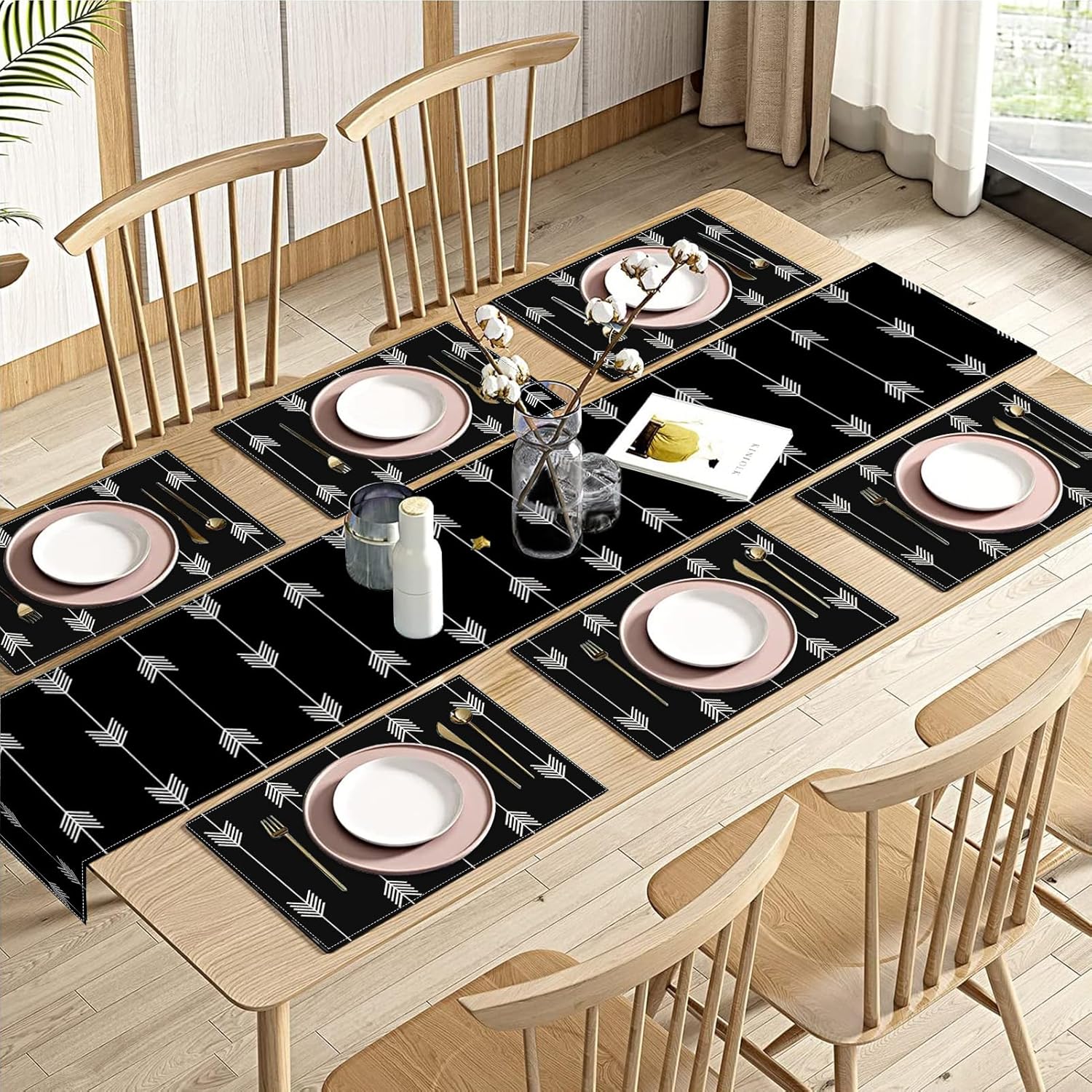 Amazon.com: Nesphy Table Runner and Placemats Set of 6, White Geometry on Black Background ...