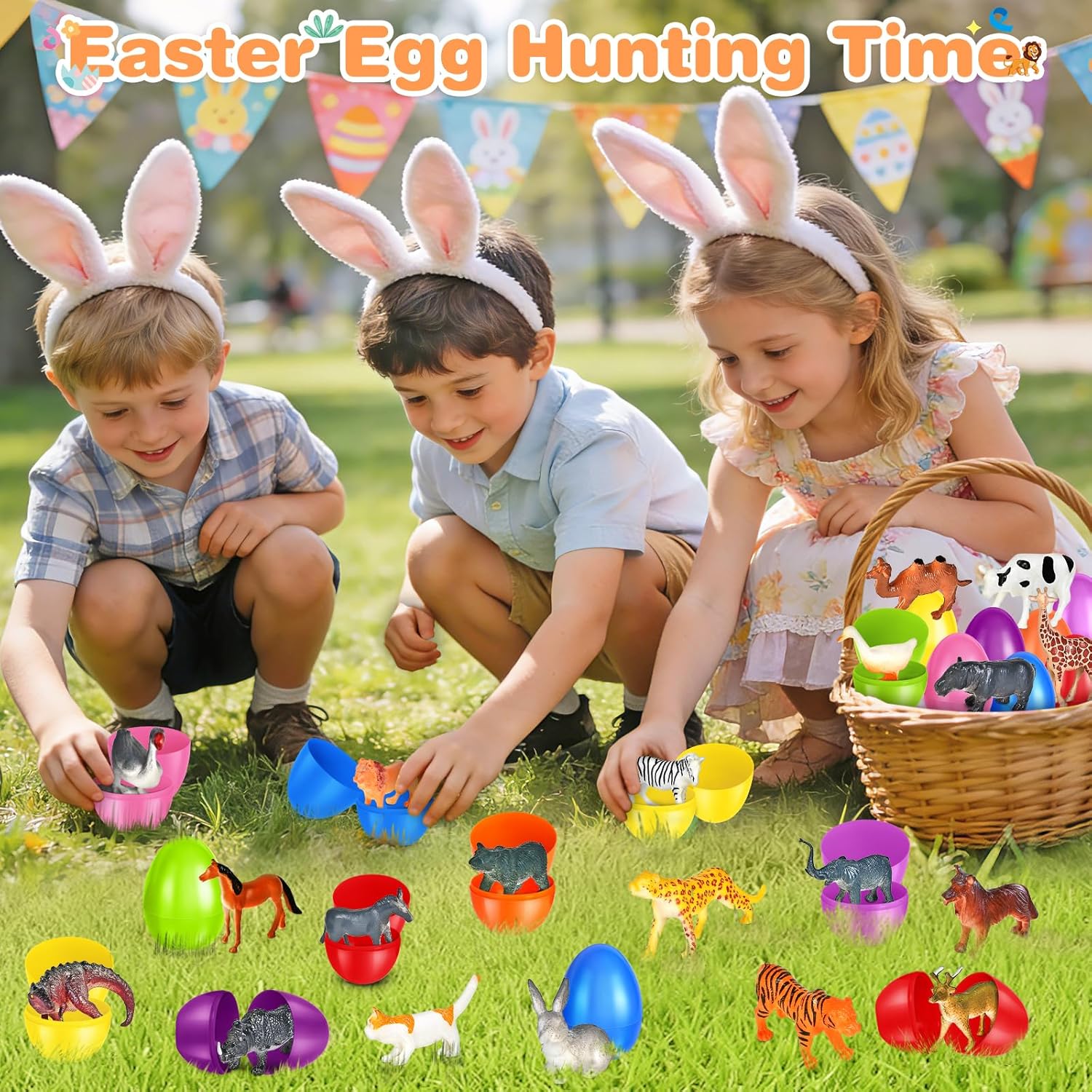 OCHIDO 24 Pack Easter Eggs Filled with Animal Toy, Easter Basket Stuffers for Kids, Easter Basket Essentials, Easter Party Favors for Easter Egg Hunt Game, Classroom Rewards