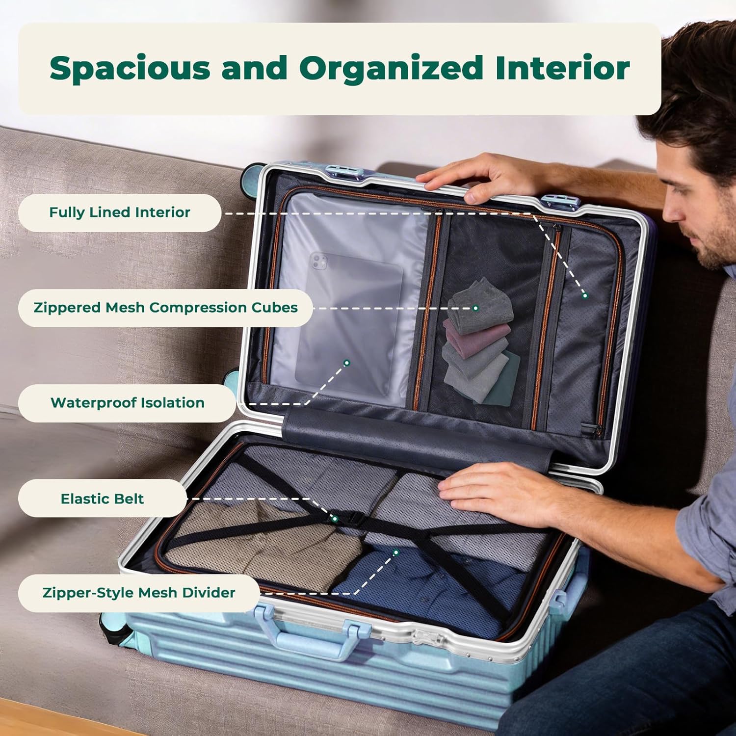 20 Inch Carry On Luggage, Aluminum Frame PC Hard Shell Suitcase with Charging Port & Cup Holder, Airline Approved TSA Lock & 360° Spinner Wheels for Travel and Business Travel