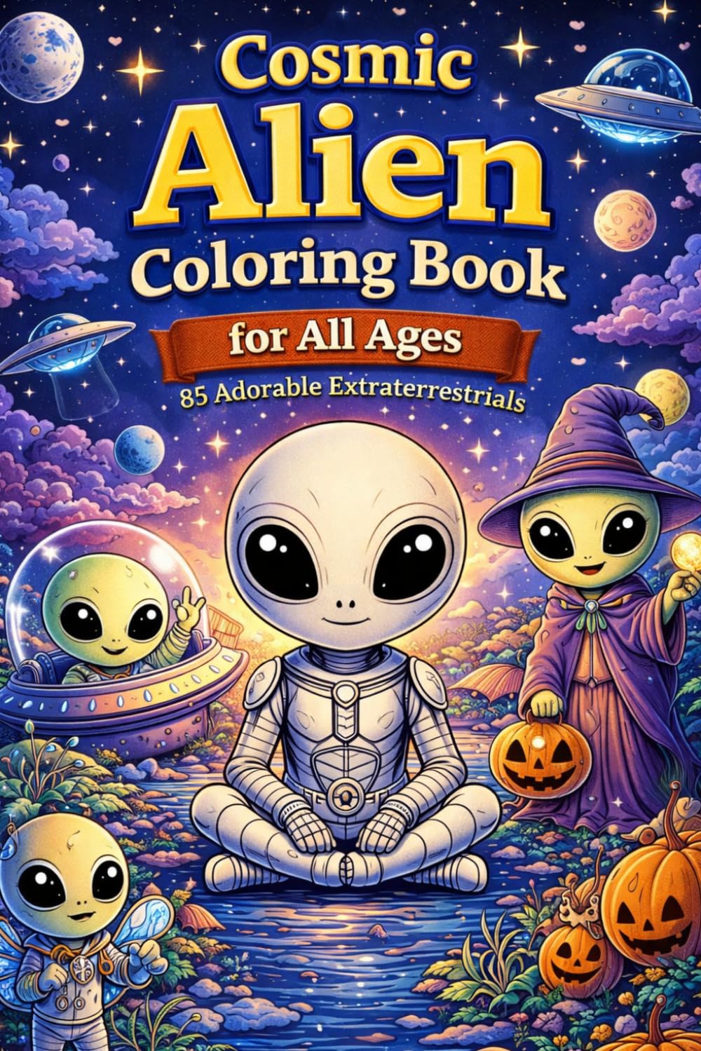Cosmic Alien Coloring Book for All Ages – 85 Adorable Extraterrestrials, Space Worlds & Relaxing Halloween: Fun and calming coloring book with cute ... space illustrations for kids and adults