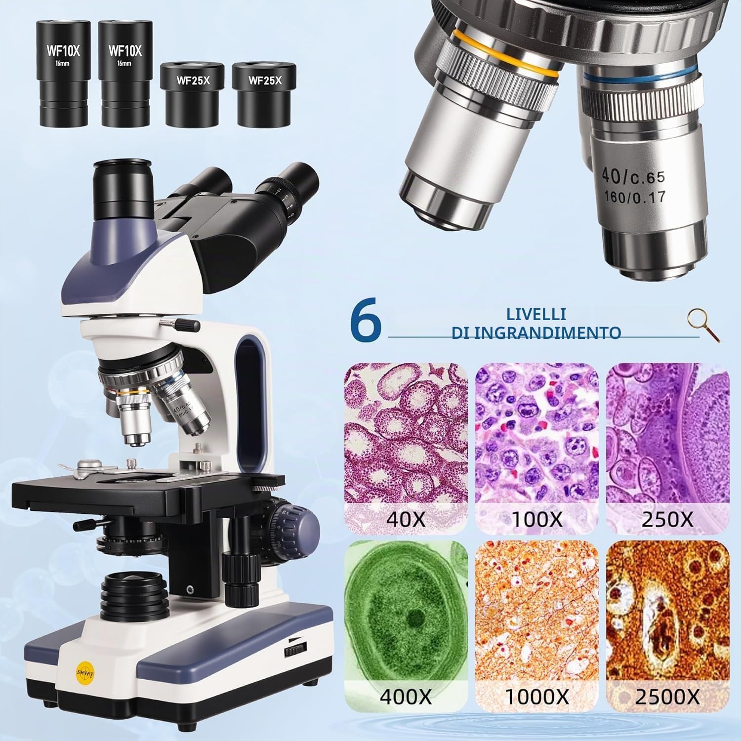 SWIFT Microscope composé trinoculaire SW350T, grossissement 40X-2500X, tête Siedentopf, niveau de recherche, scène mécanique à deux couches, appareil photo et logiciel 1,3 MP, compatible Windows et…