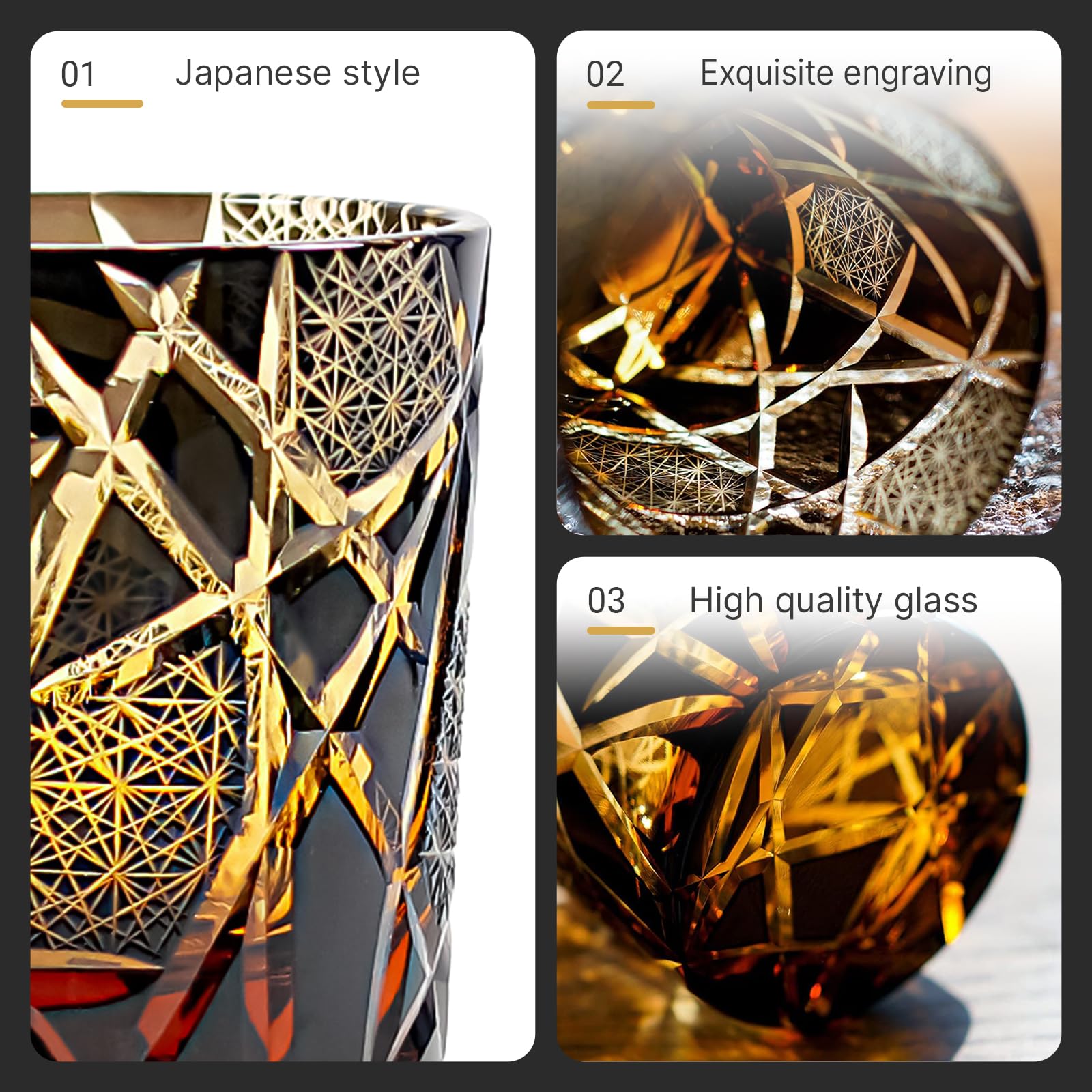 Vaso Whisky Japones Edo Kiriko Kiku Tsunagi - Vaso Degustacion Regalo Hombre para Bourbon - Vidrio Premium (Ámbar, 250ml)
