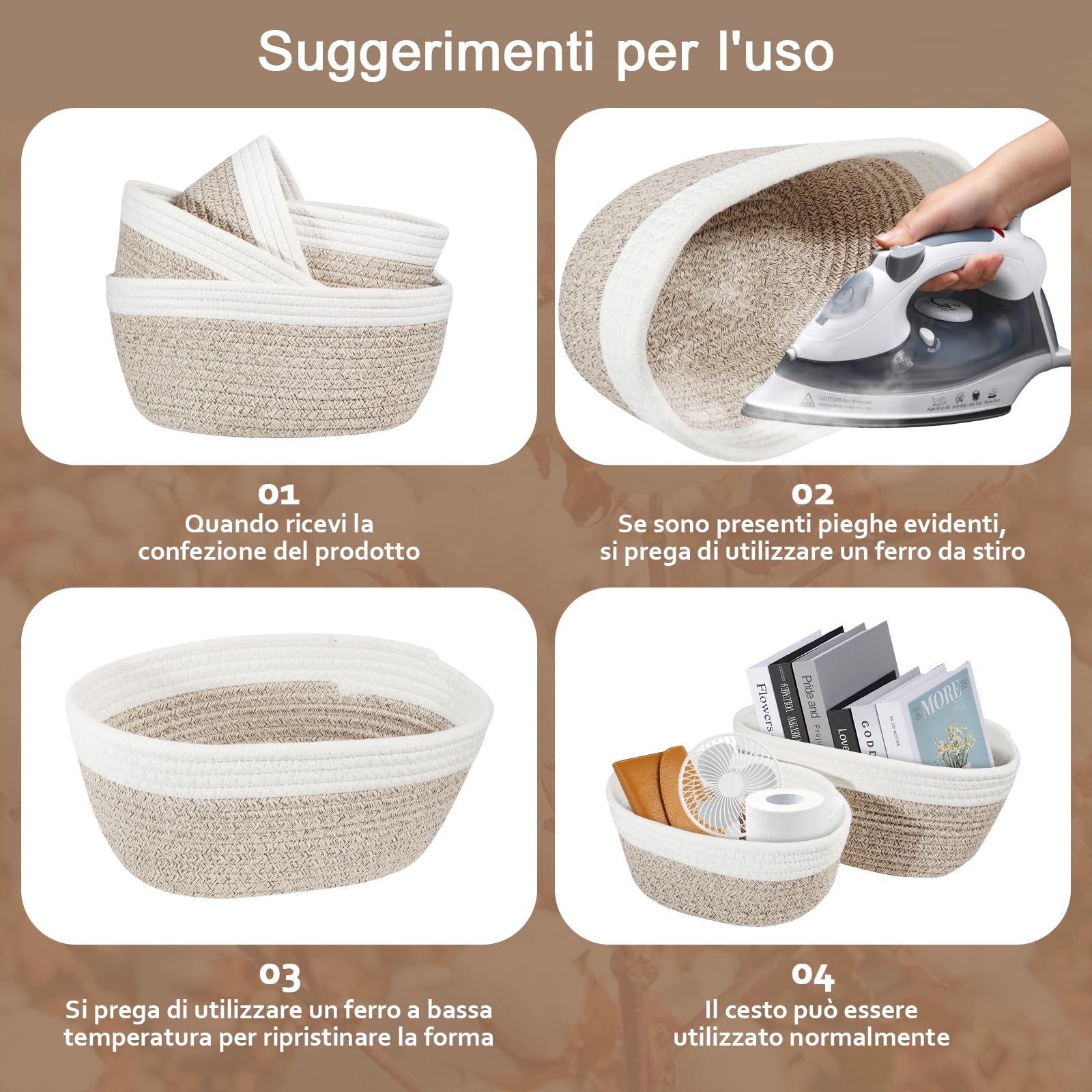 4 Pezzi Cestino Portaoggetti - Cesto Portaoggetti in Corda di Cotone丨Organizer Fasciatoio, Decorazioni Organizer Bagno