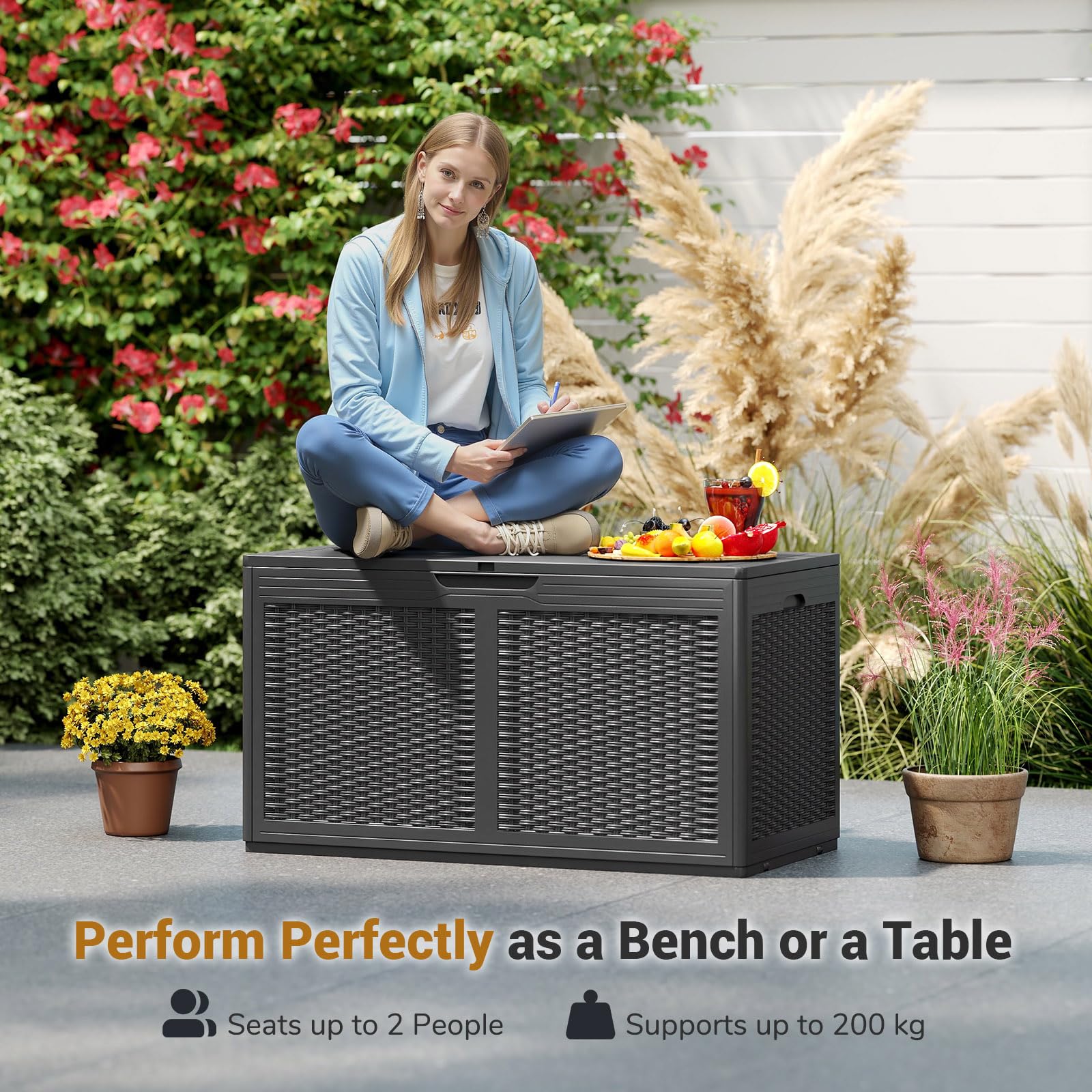 RELAX4LIFE 380L Cassapanca da Esterno, Contenitore da Patio Chiudibile a Chiave con 2 Ruote, Superficie in Finto Rattan, in Resina Impermeabile per Cuscini, Attrezzi (GRIGIO)