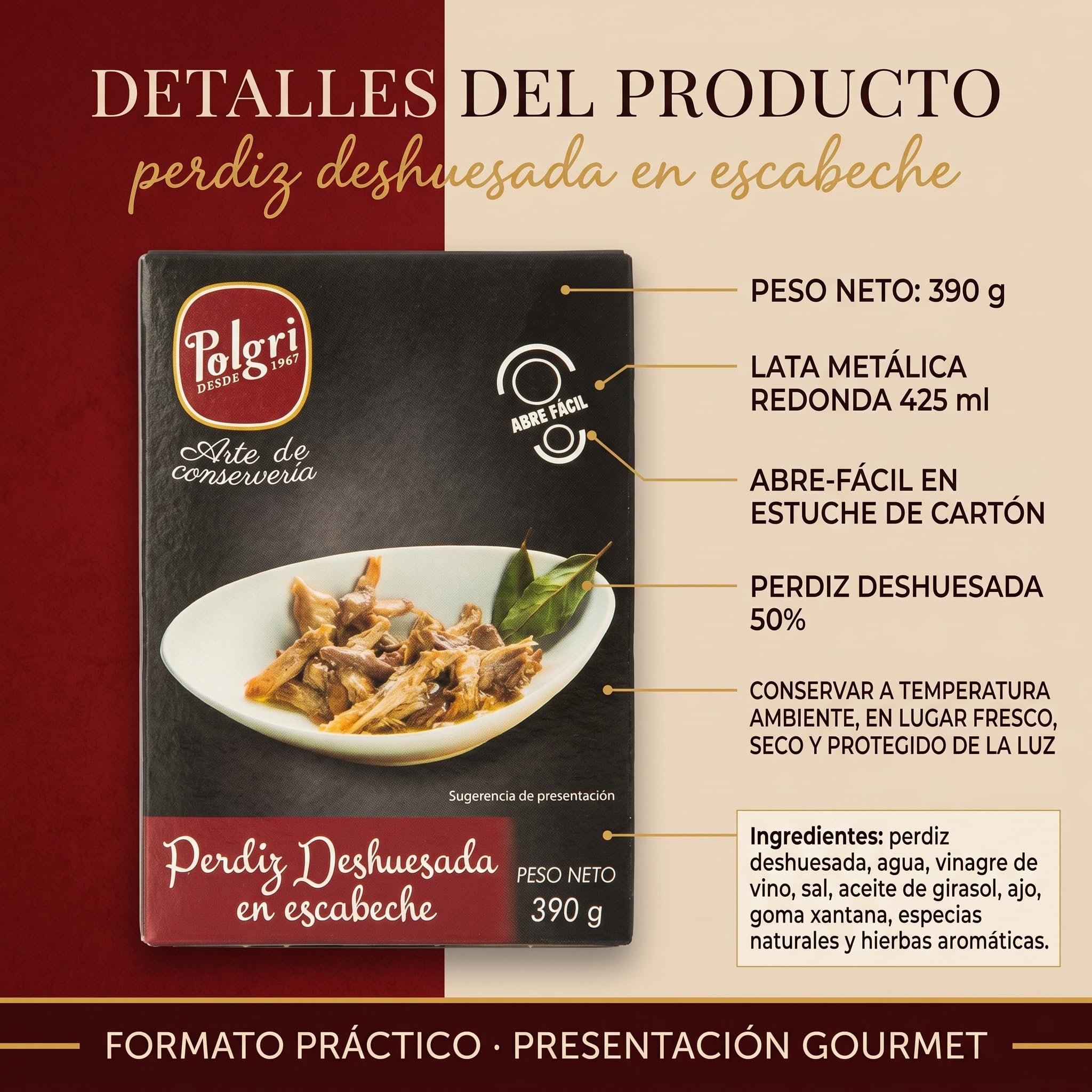 POLGRI Perdiz Deshuesada en Escabeche 390 g Lata Conserva Gourmet Carne de Caza Aperitivo Artesano Receta Manchega Tradicional 50% Carne Real Desde 1967