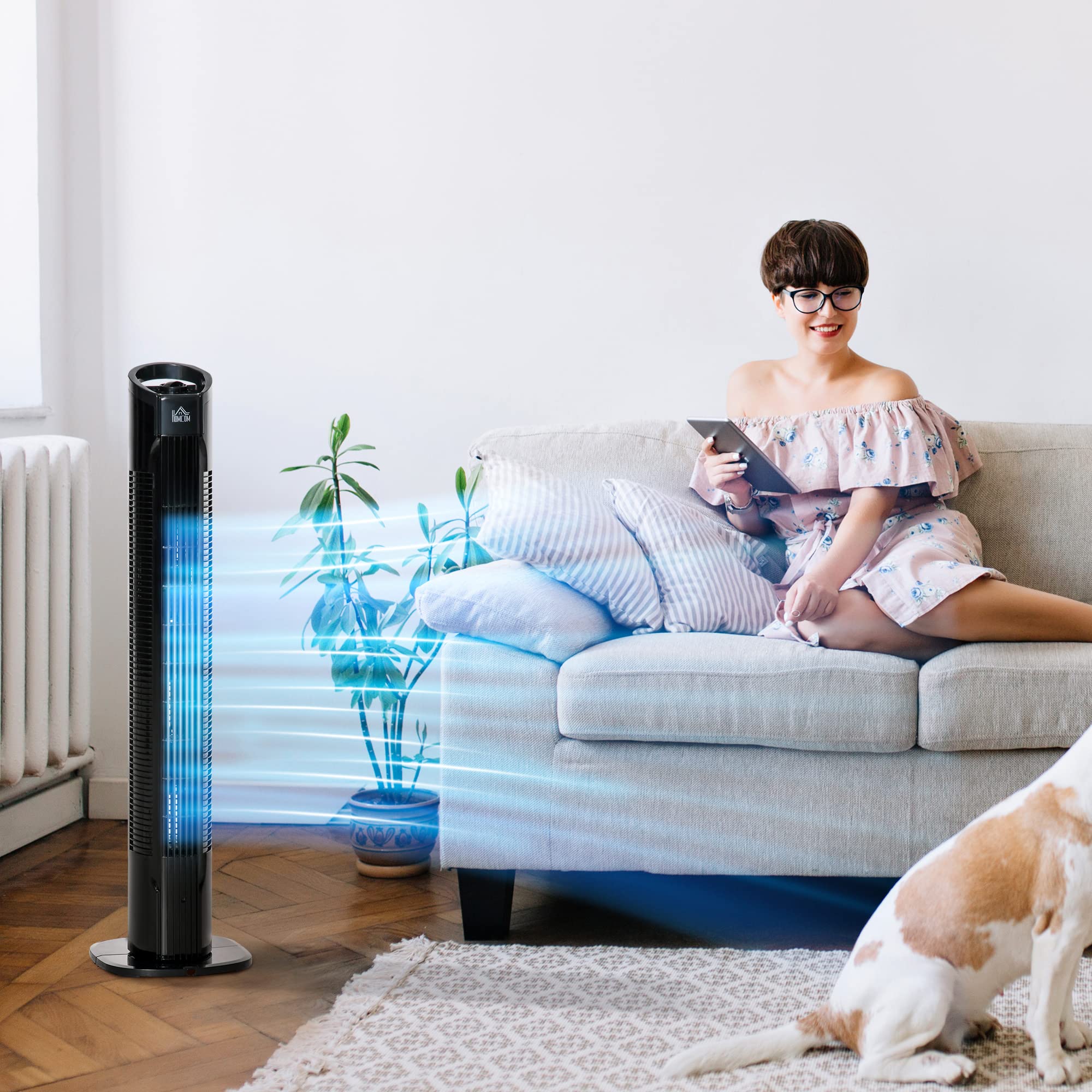 HOMCOM Ventilatore a Torre Moderno 3 Velocità con Oscillazione 70°, Ventilatore a Colonna con Piantana Rotonda e Maniglia, Potenza 50W, in PP, Ø20x78.5cm Nero