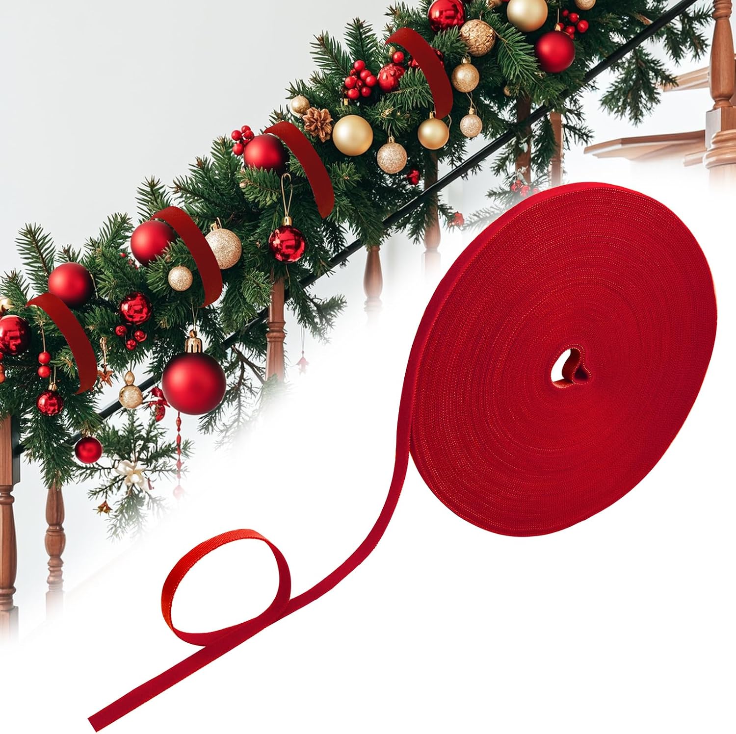 120Ft Christmas Garland Ties Decorative Wreath Holder Red Adjustable Holiday Garland Ties Cuttable Nylon Hook and Loop Garland Hanger Strap for Xmas Tree Banister Railing Stairway Decoration Door