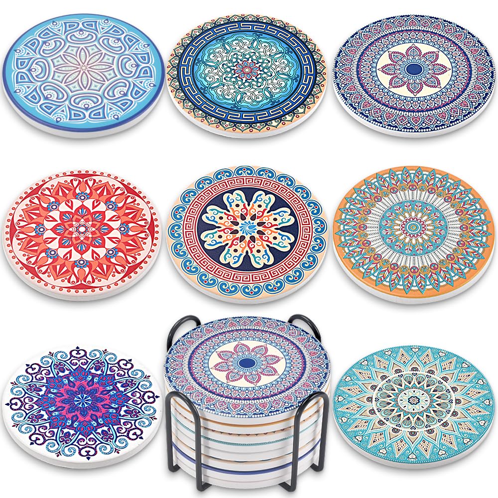Newk Ceramic Absorbent Coasters - Set of 8 with Metal Holder, Light Colorful Mandala Patterns for Coffee Table, Great Housewarming Gifts