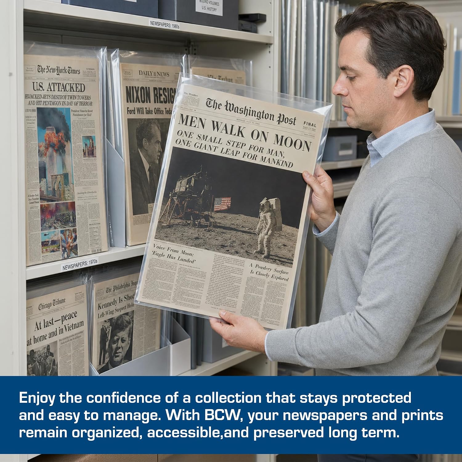 BCW Newspaper Sleeves for 14 x 24 Broadsheets, Prints, Clear, 50 Count | Clear acid-free polypropylene sleeves protect broadsheet newspapers, prints, and posters from dust during archival storage.
