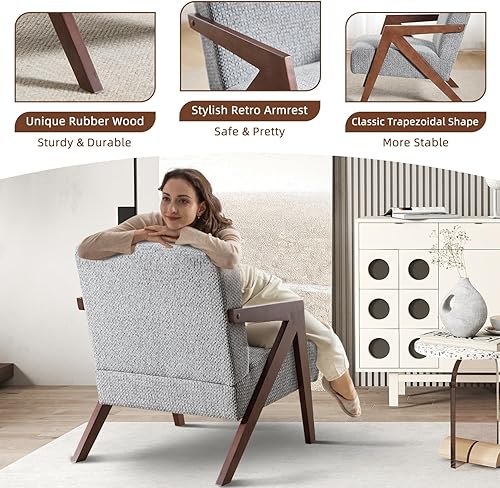 Miniatura 29 de INZOY Silla moderna de mediados de siglo con marco de madera, sillón tapizado con cojín de cintura, silla decorativa para sala de estar, dormitorio,