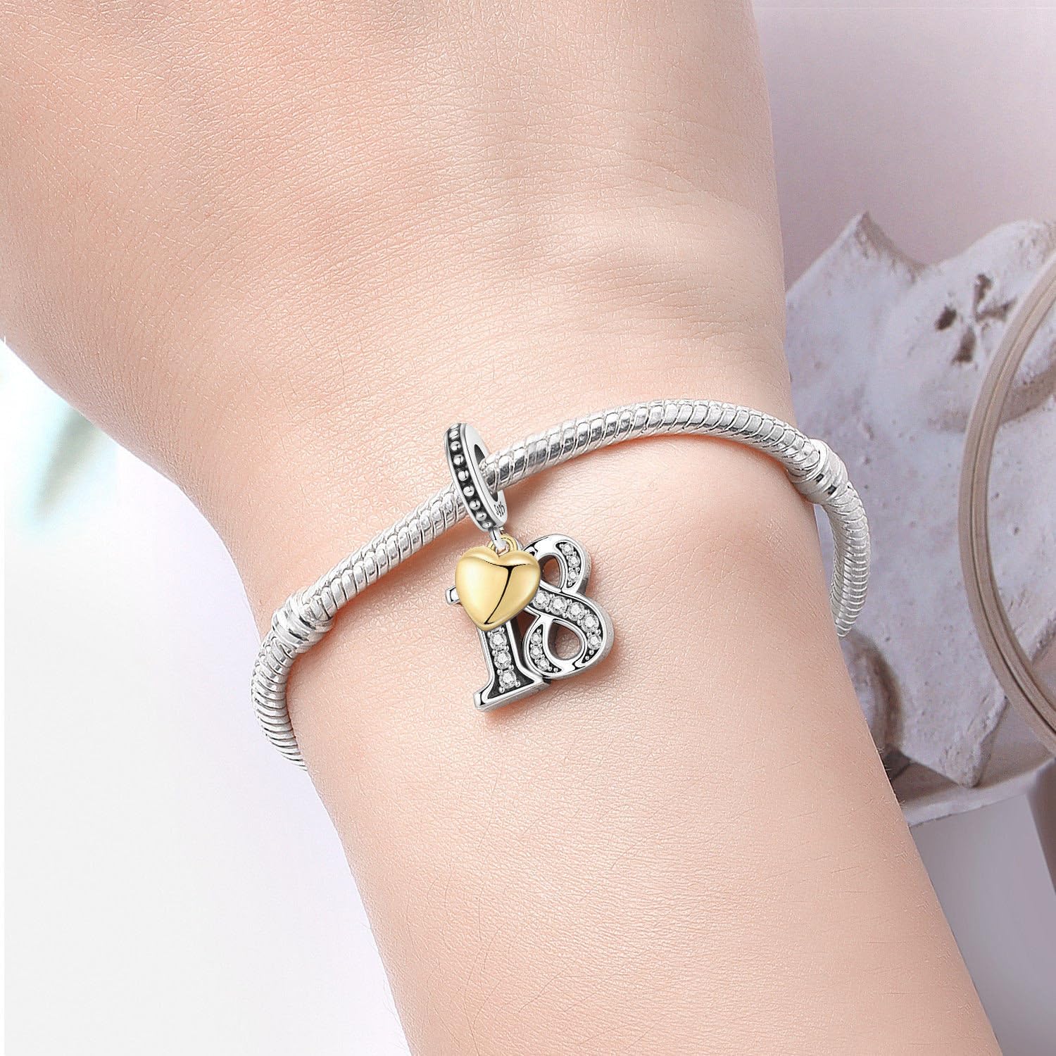 Zahl Charm für Armband & Halskette, Sterling Silber 925 mit Zirkon & 18K vergoldetem Herz, Geschenk für Jubiläum, Geburtstag, Alter (10 13 15 16 18 20 21 25 30 40 50 60)
