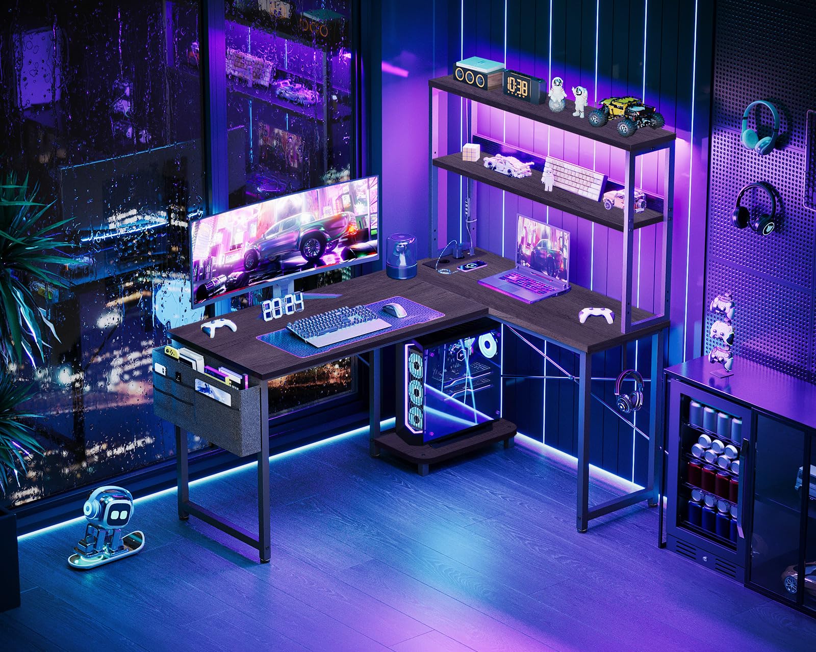 Coleshome Scrivania Gaming con LED e Prese, 110 × 80 cm Scrivania Gaming Angolare Reversibile con Scaffali Portaoggetti, Tavolo Angolare con Borsa Portaoggetti per Giocatori, Grigio Rovere