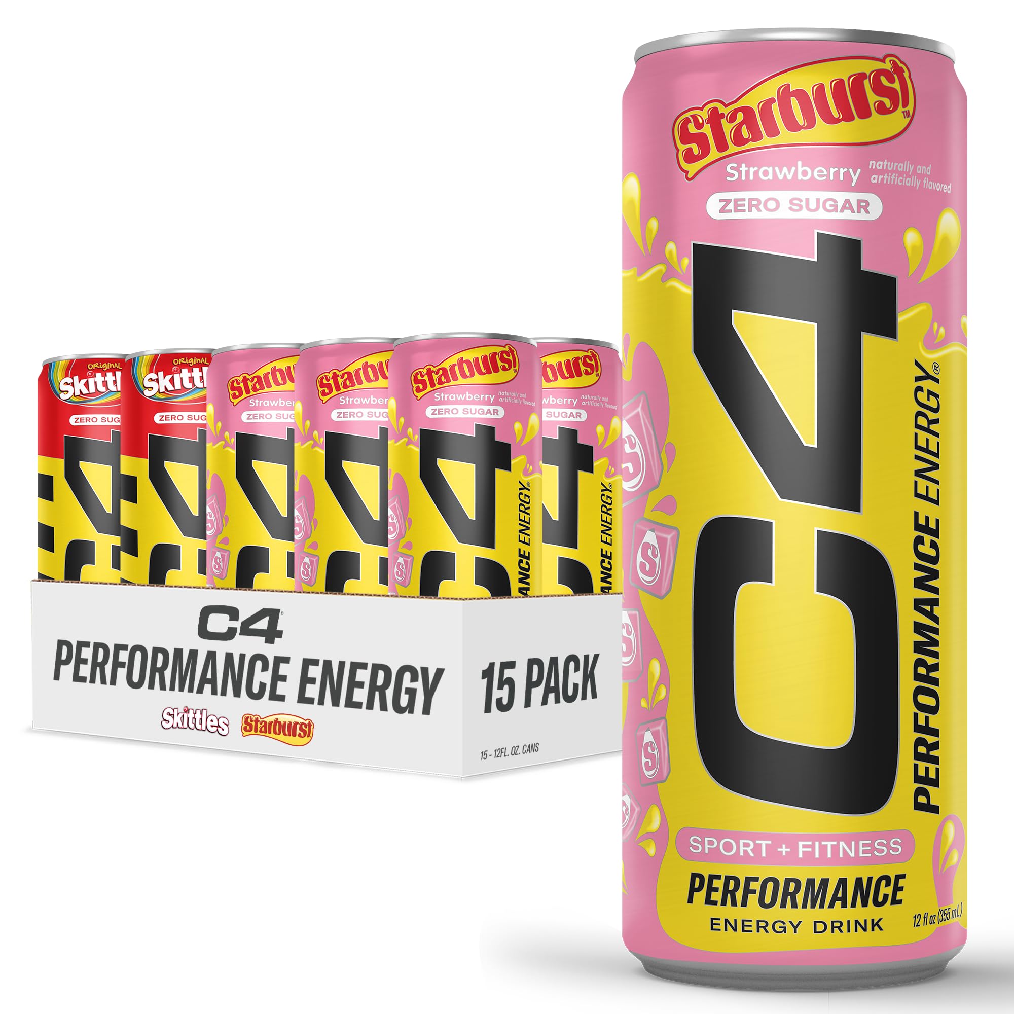 Cellucor C4 Performance Energy Drink | Starburst™ Strawberry & Skittles™ Variety Pack | Zero Sugar Carbonated Preworkout Energy | 150mg Caffeine with Beta Alanine | 12 Fl Oz (15 Pack)