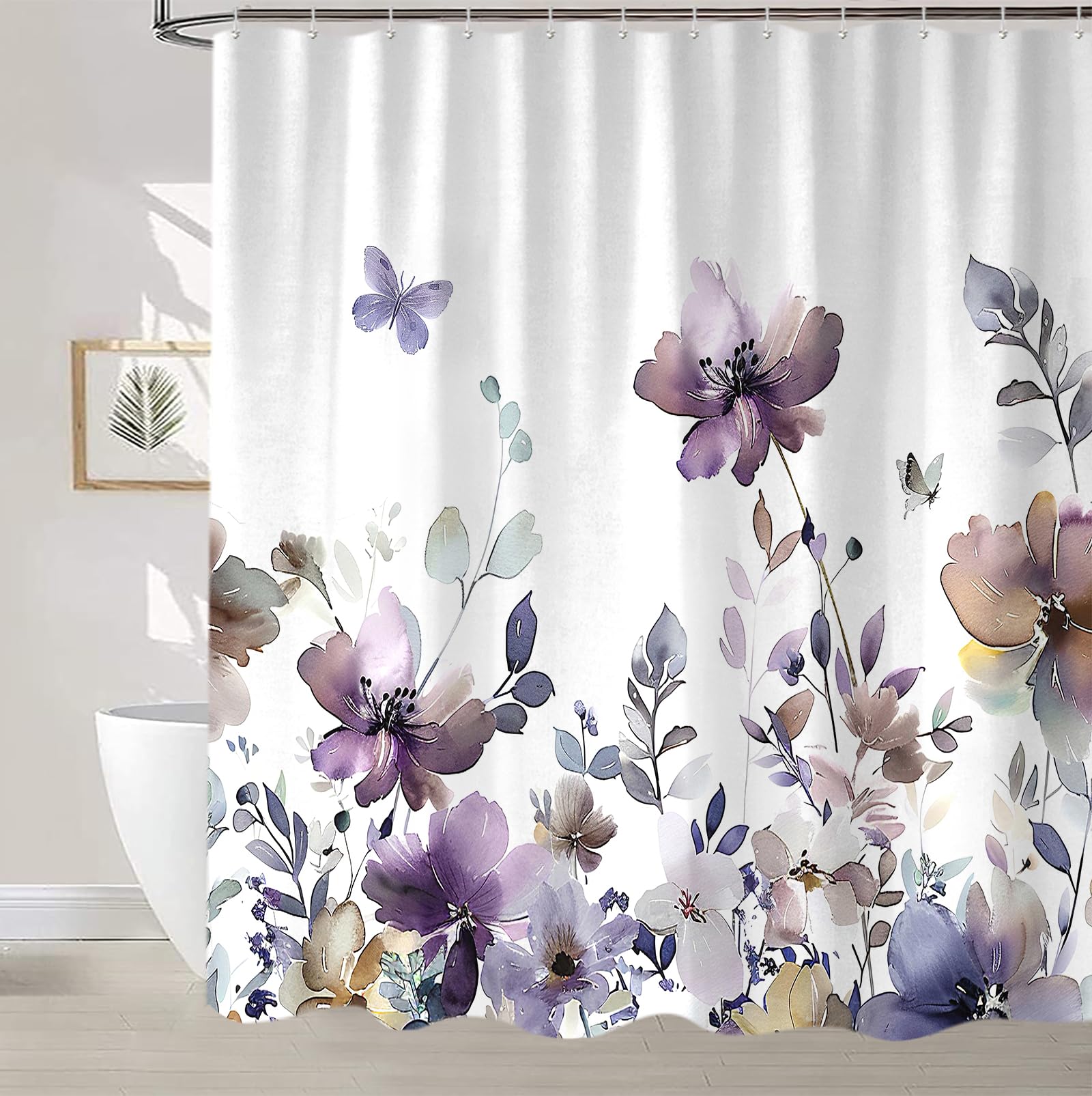 Cortina De Ducha Floral Morada Oscuro, Con Rosas Y Mariposas | Meses