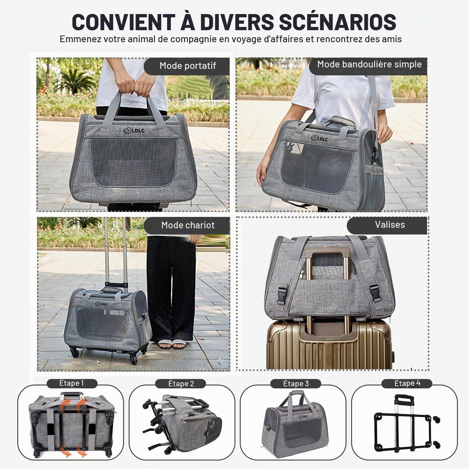 PETCUTE Sacs de Transport pour Chiens Chats,Caisse de Transport Chat Chien avec Poignée au Manche Télescopique et Roues Amovibles,Sac De Transport Chat avec Tapis en Laine,Bandoulière Réglable