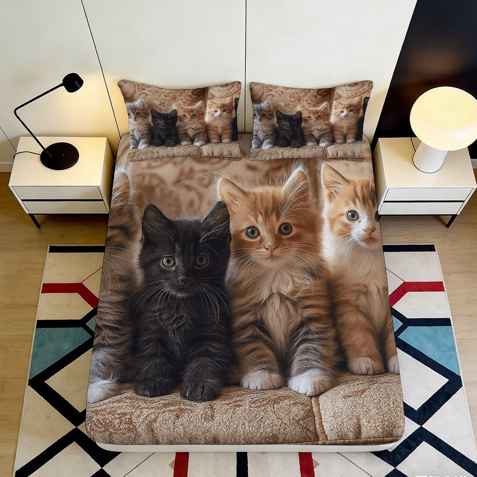 3D Printed Cute Kitten Fitted Sheet Microfiber Soft Cat Trio Bed Cover Anti-Slip Machine Washable Bedroom Decor 90x200x25cm